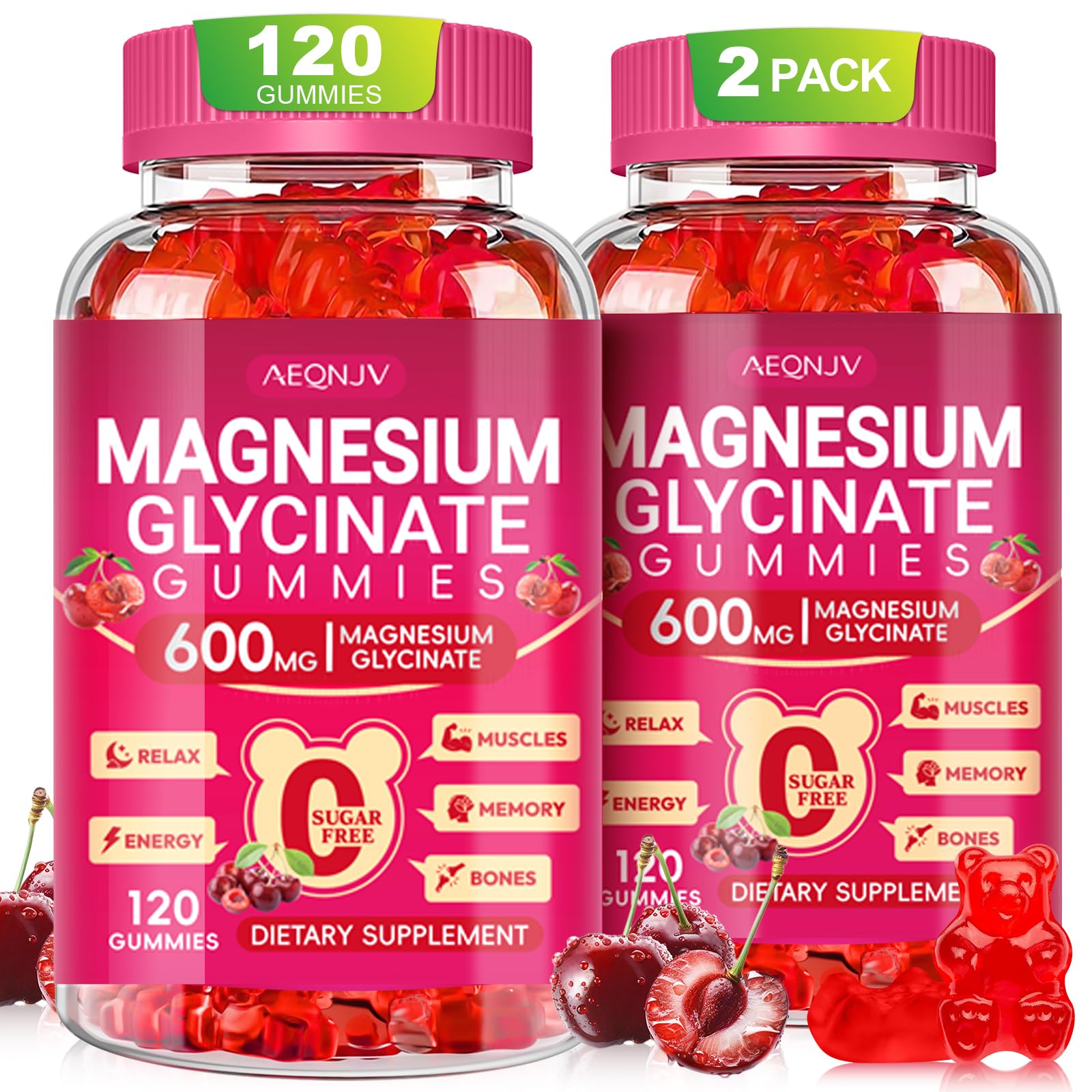 AEQNJV gomitas magnesio glicinato 600mg, botella frontal para relajación nocturna.