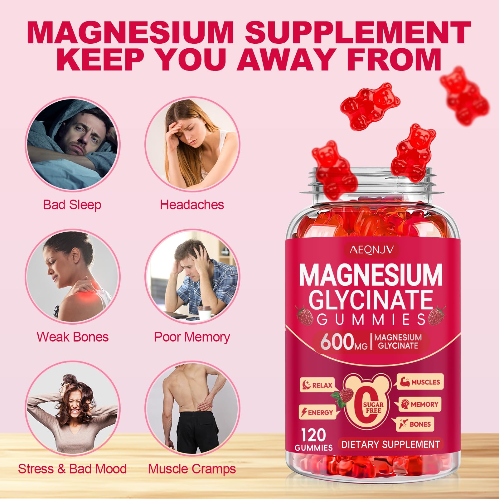 Gomitas AEQNJV magnesio glicinato 600 mg en envase cerrado para almacenamiento sencillo.
