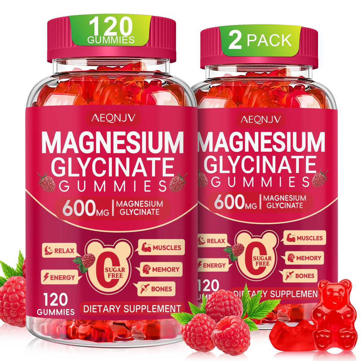 AEQNJV gomitas magnesio glicinato 600 mg frente, sabor frambuesa para consumo cómodo.
