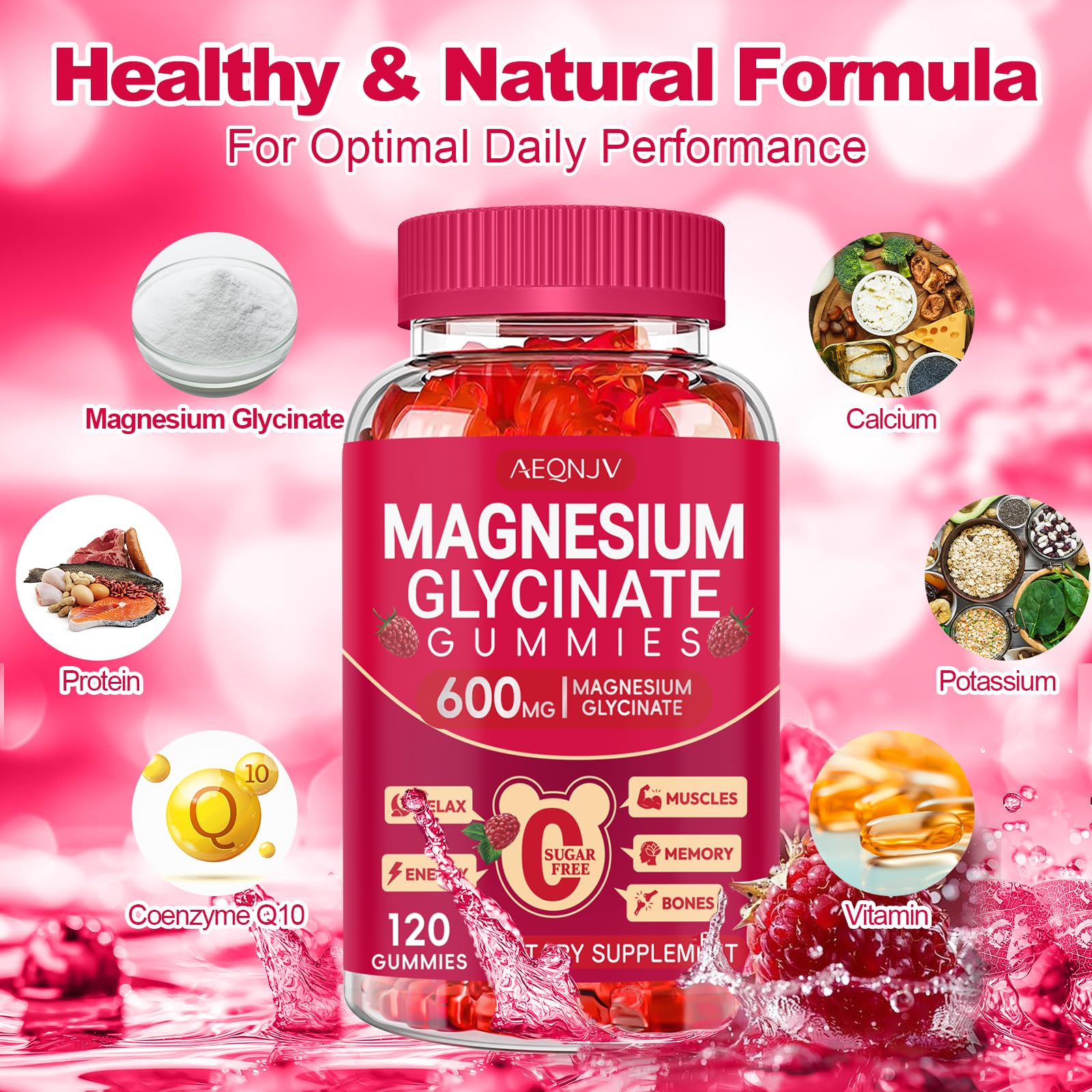 Gomitas de frambuesa AEQNJV magnesio glicinato 600 mg, sabor natural para uso diario.