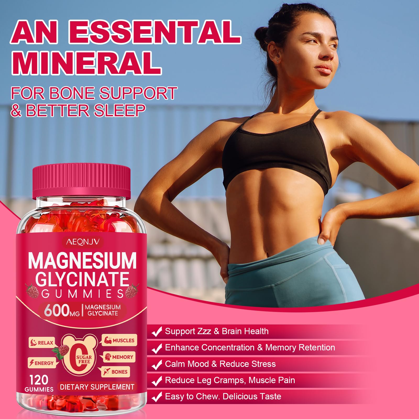 Uso diario AEQNJV magnesio glicinato 600 mg, complemento para bienestar general.