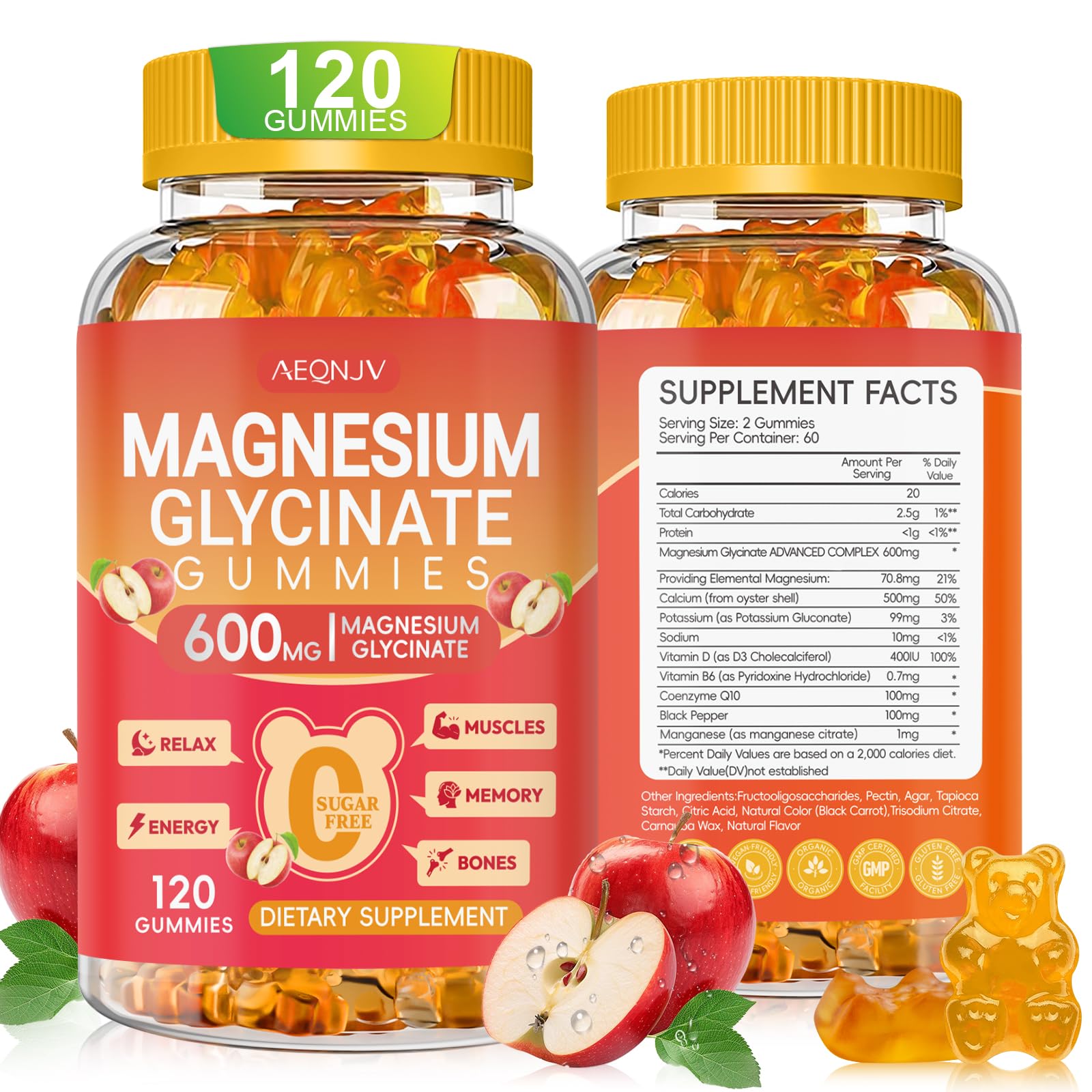 Gomitas AEQNJV magnesio glicinato 600 mg para calma diaria