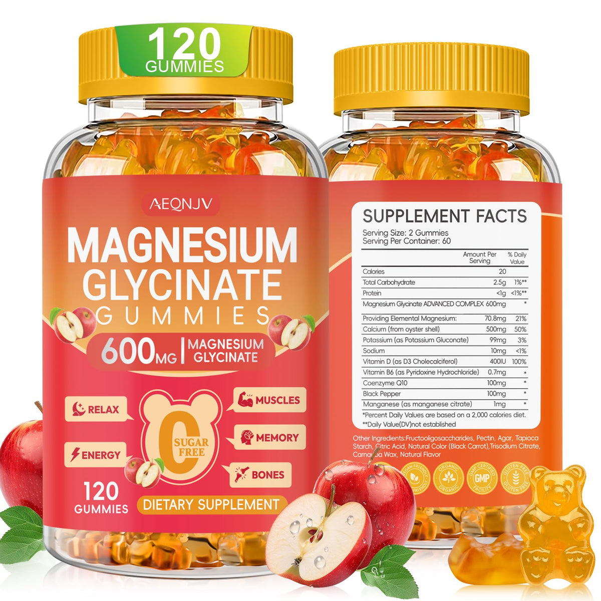 Gomitas AEQNJV magnesio glicinato 600 mg para calma diaria