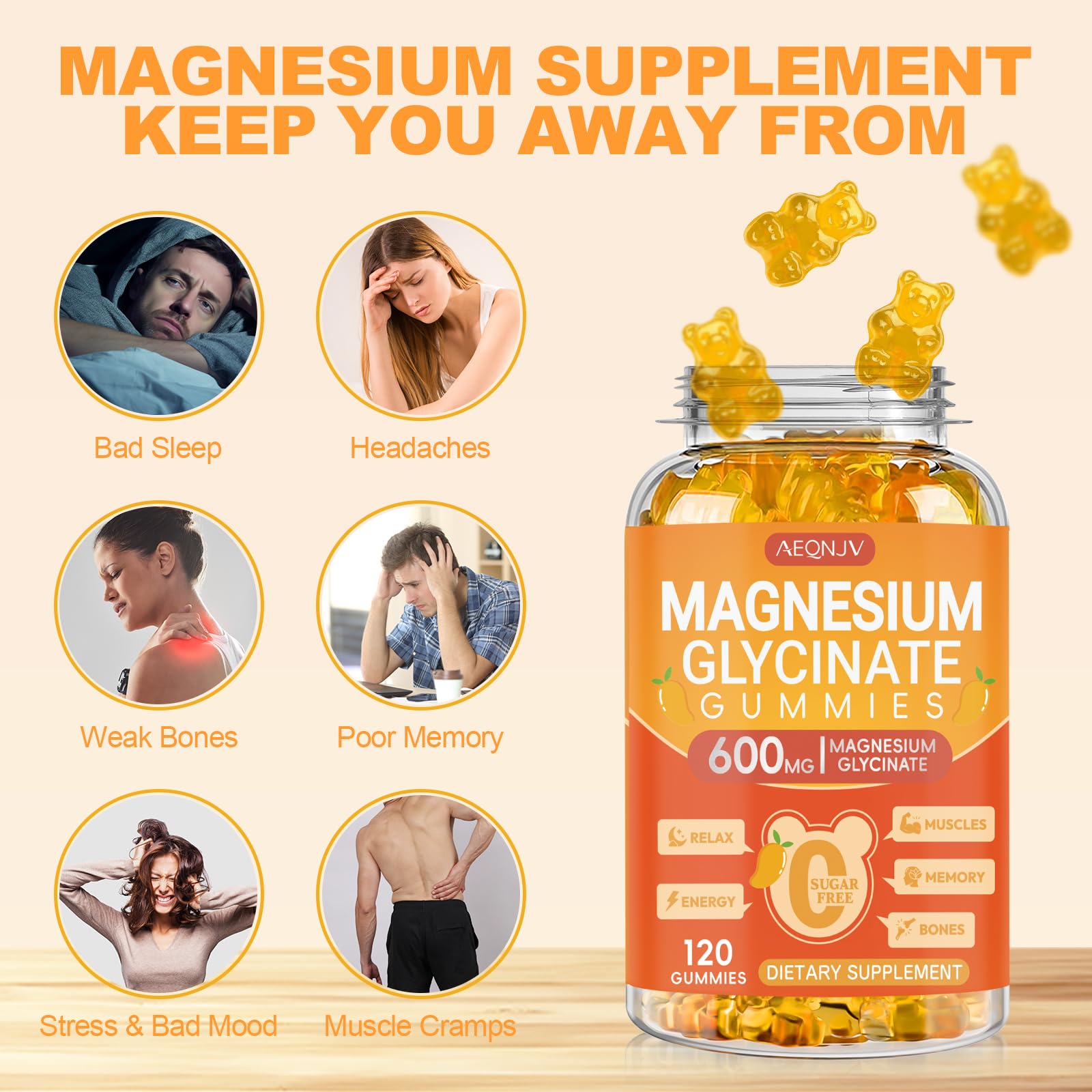Gomitas AEQNJV Magnesio Glicinato con CoQ10 para energía y bienestar diario.