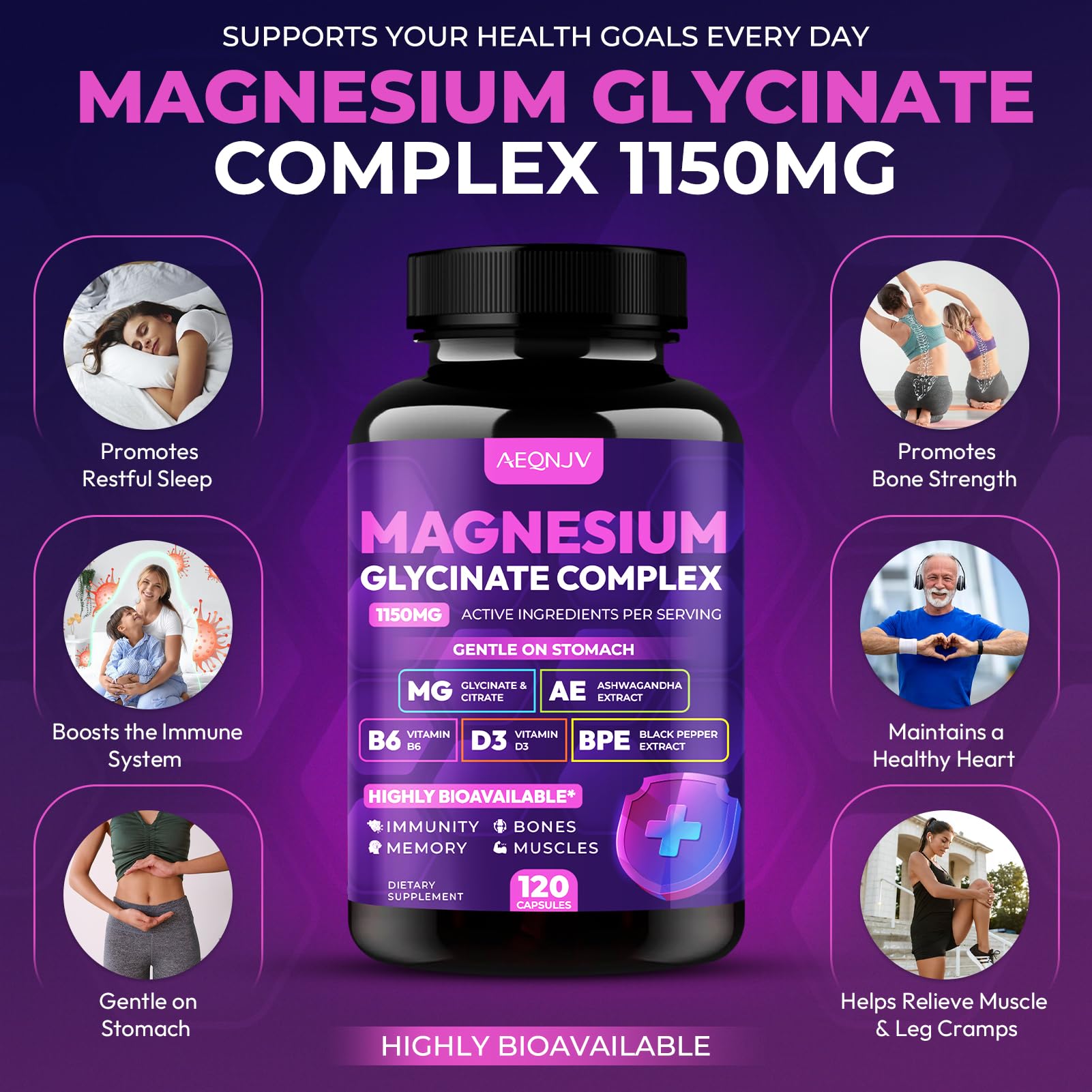Cápsulas de magnesio glicinato 1150mg, alta absorción para músculos y nervios