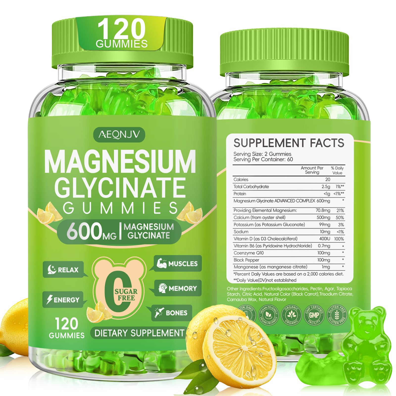 AEQNJV magnesio glicinato gominolas 600 mg, bote práctico para consumo diario.
