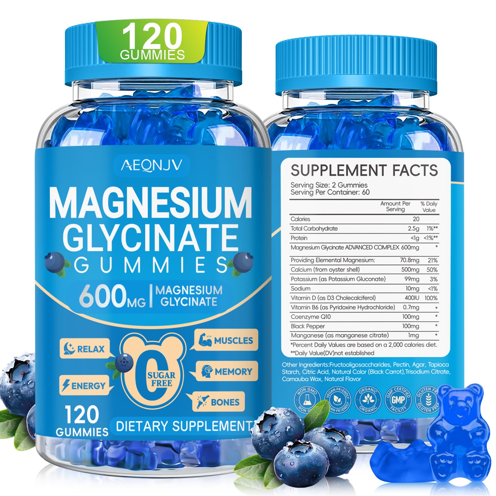 AEQNJV gominolas magnesio glicinato 600 mg, frasco frontal, apoyo para calma diaria