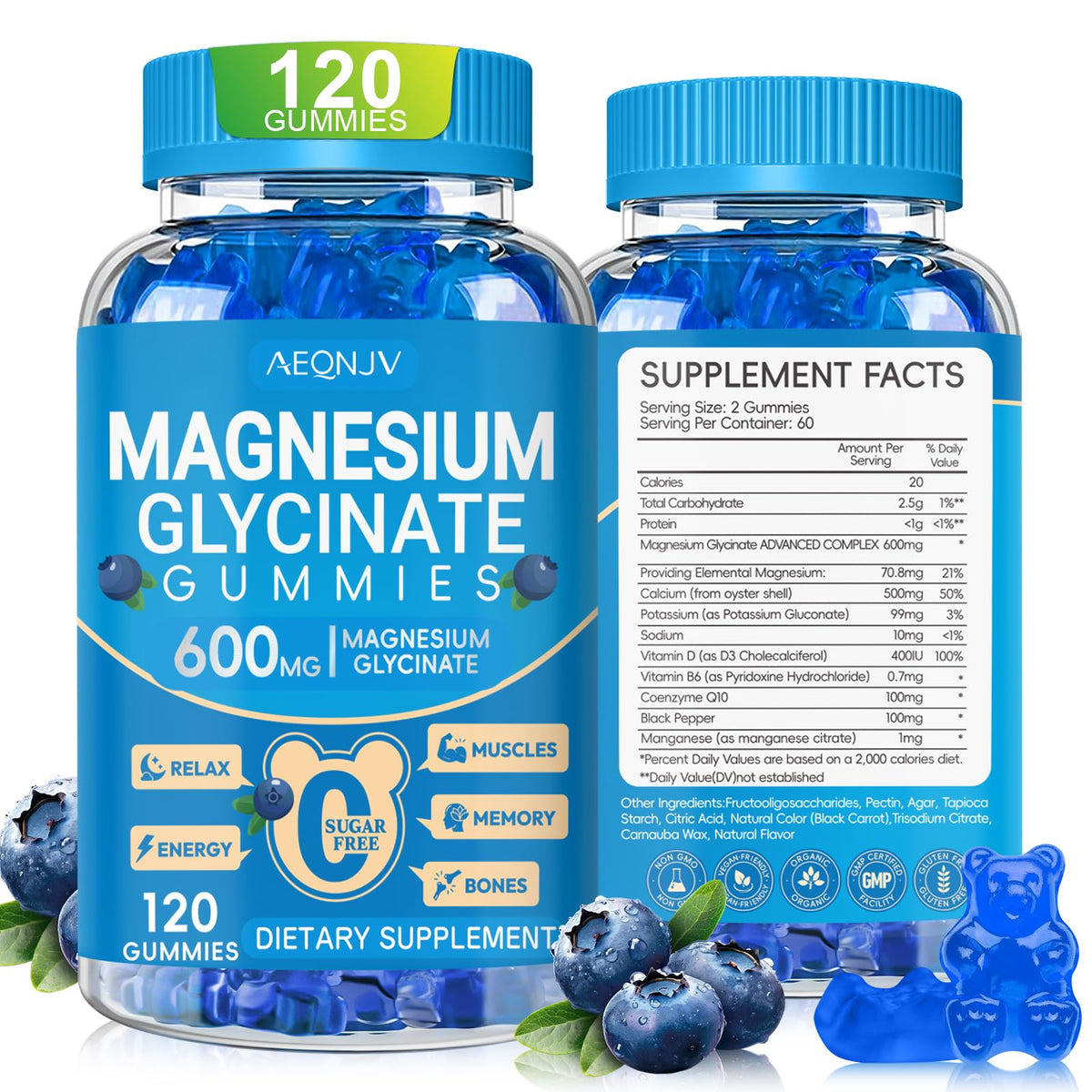AEQNJV gominolas magnesio glicinato 600 mg, frasco frontal, apoyo para calma diaria