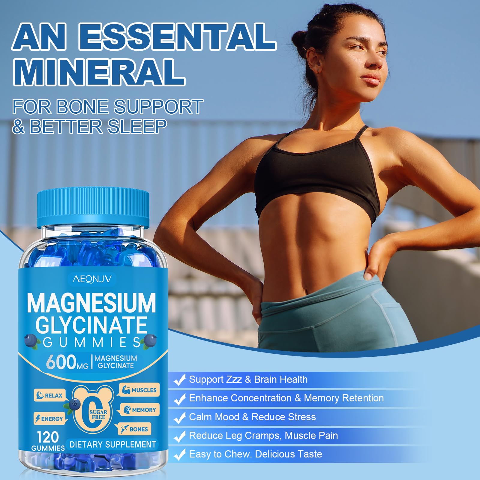 AEQNJV gominolas magnesio glicinato 600 mg, uso nocturno, posible mejora del sueño