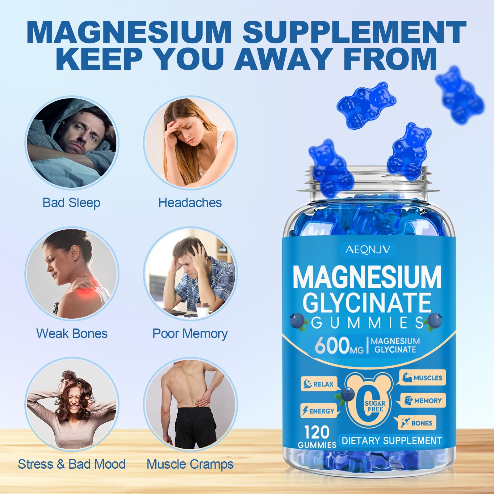 AEQNJV gominolas magnesio glicinato 600 mg, sabor frambuesa, experiencia sabrosa sin azúcar
