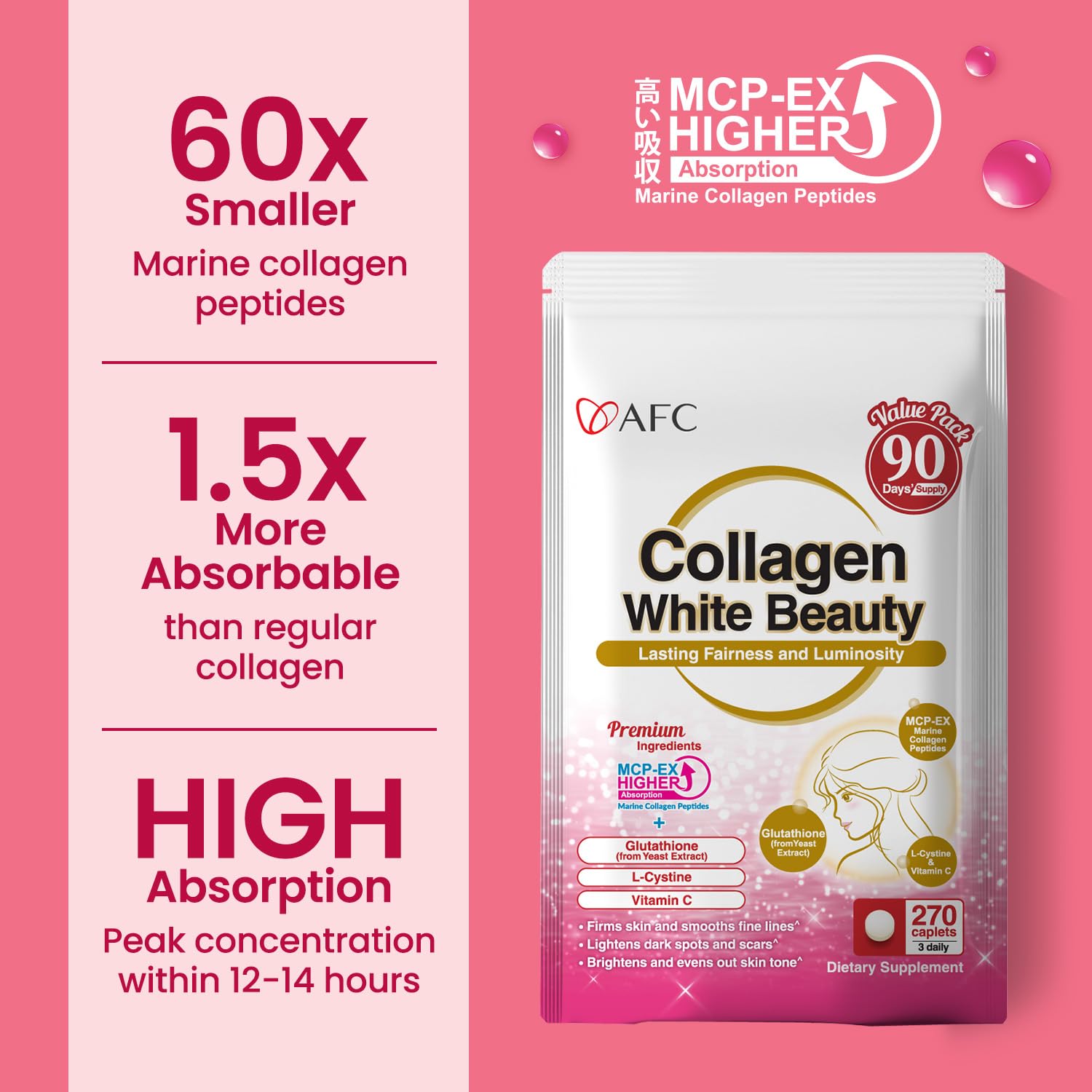 AFC Japan Collagen White Beauty, polvo soluble que se mezcla fácilmente en agua.