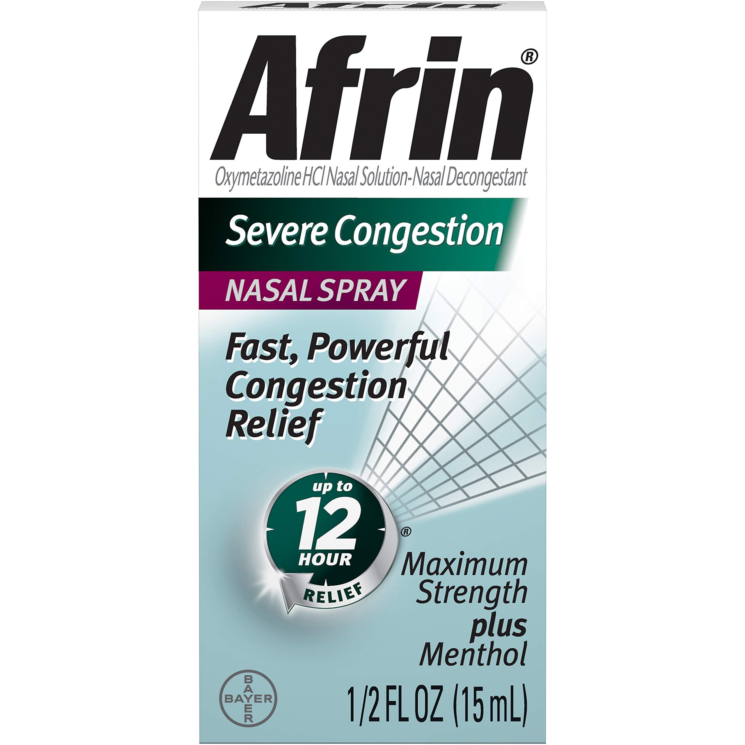 Afrin congestión severa: frasco de 15 ml con dosificador para dosis precisas.