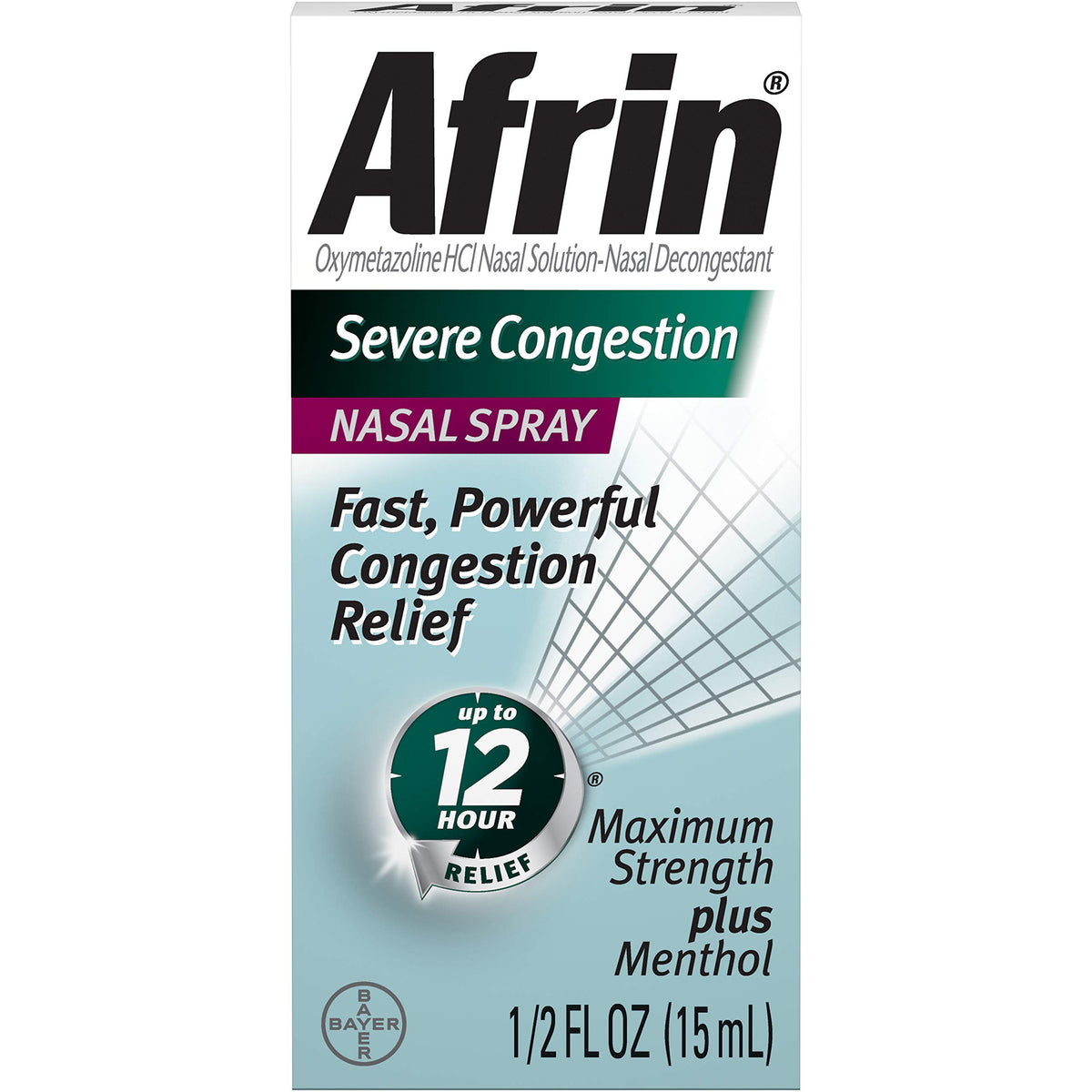 Afrin congestión severa: frasco de 15 ml con dosificador para dosis precisas.
