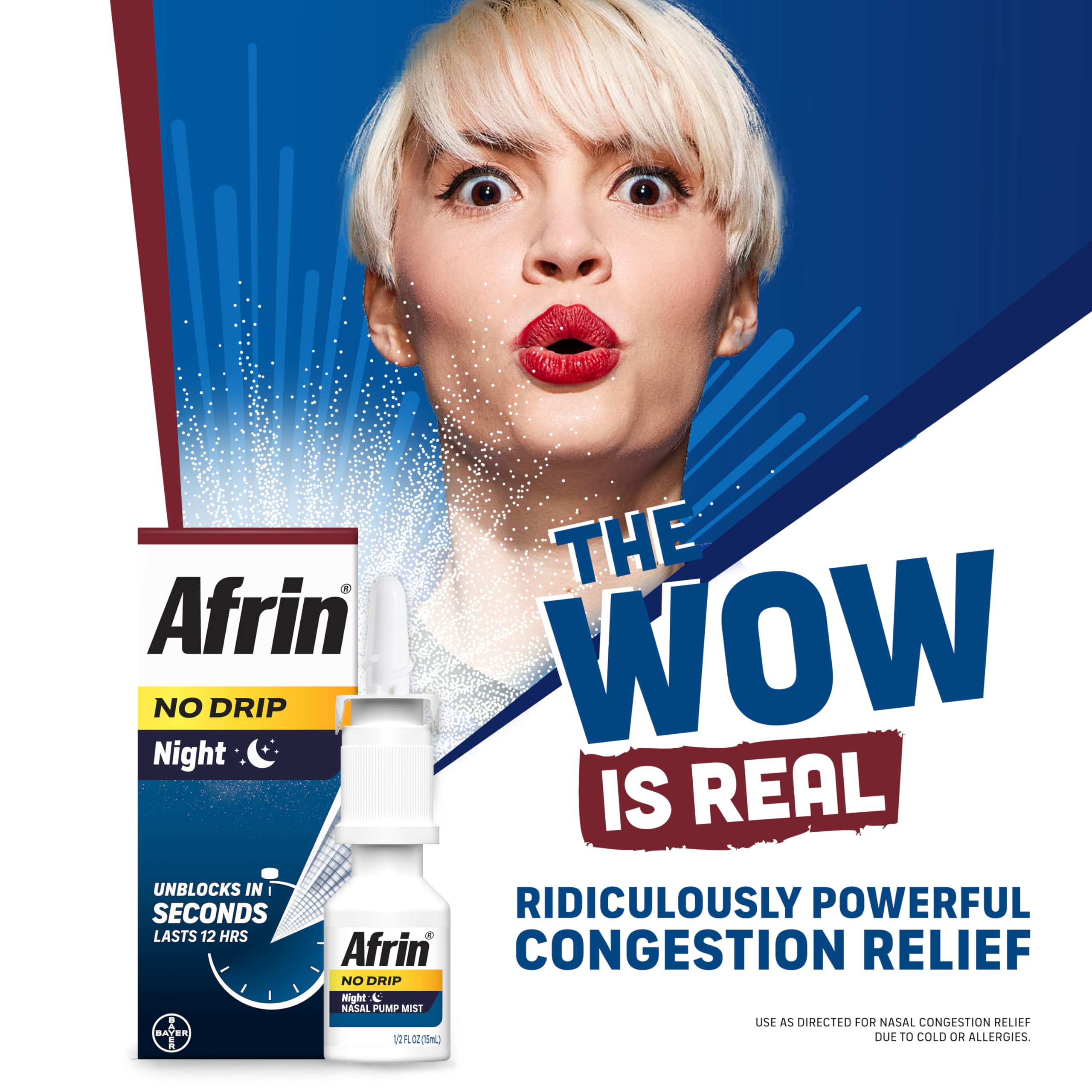 Afrin nocturno atomizador nasal con aroma suave de manzanilla para dormir.