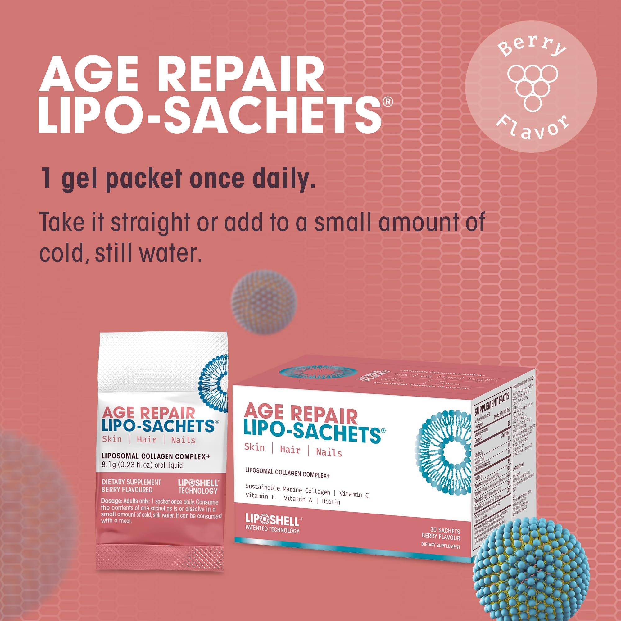 AFT Pharmaceuticals Age Repair sachets vitamina A y biotina para salud de piel, cabello y uñas.