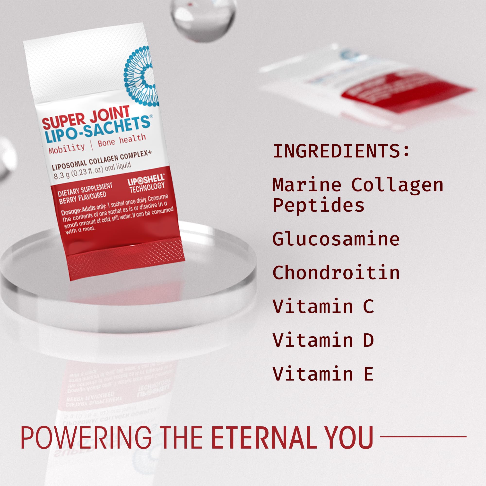 AFT Pharmaceuticals Super Joint liposomales, textura líquida fácil de mezclar en bebidas.