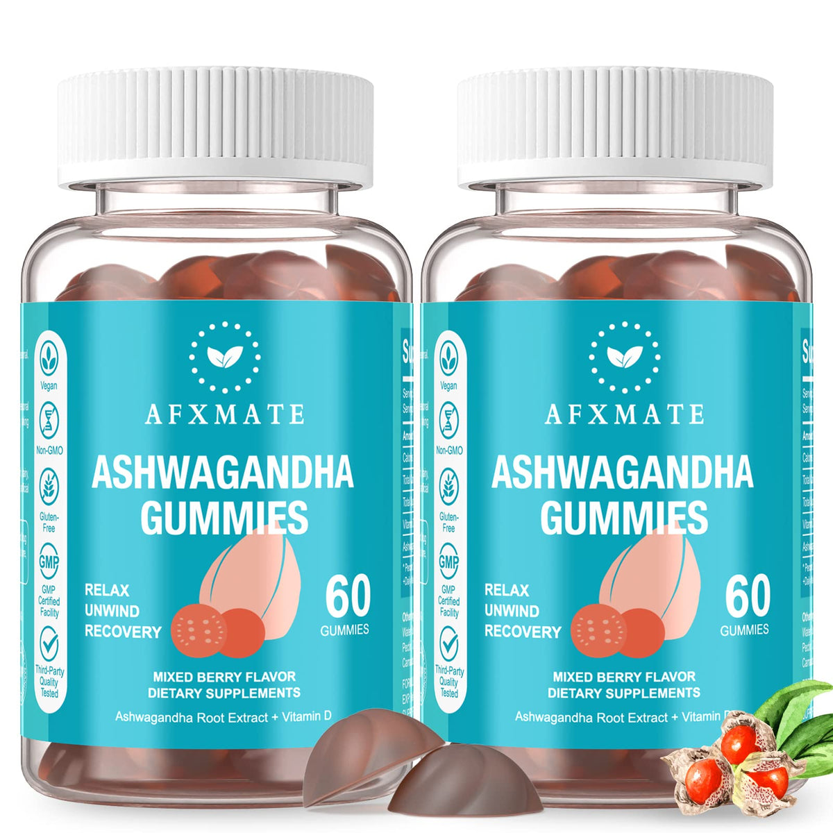 AFXMATE Ashwagandha Gomitas: botella de 120 gomitas, fácil de llevar.
