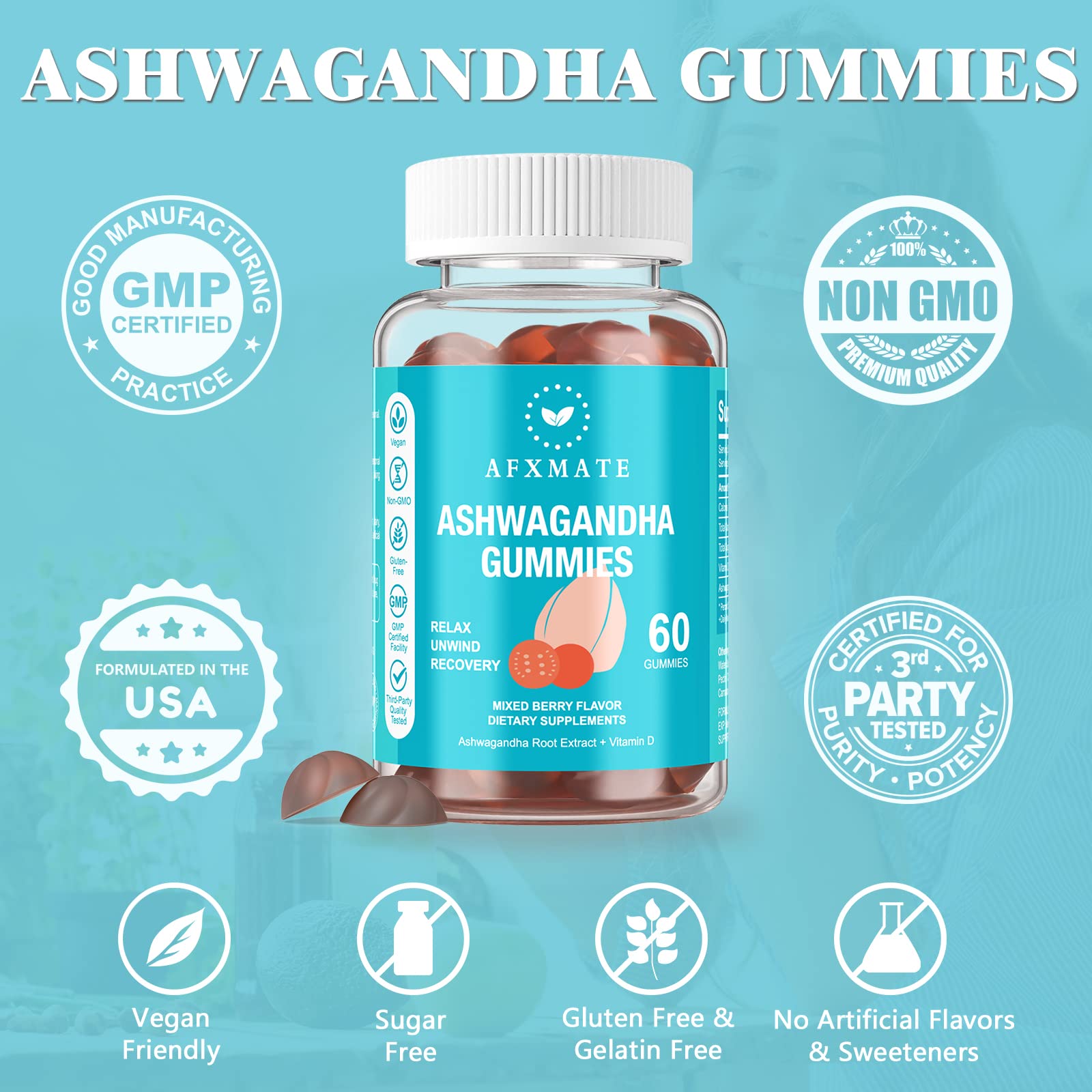 AFXMATE Ashwagandha Gomitas: textura suave y masticable para consumo diario.