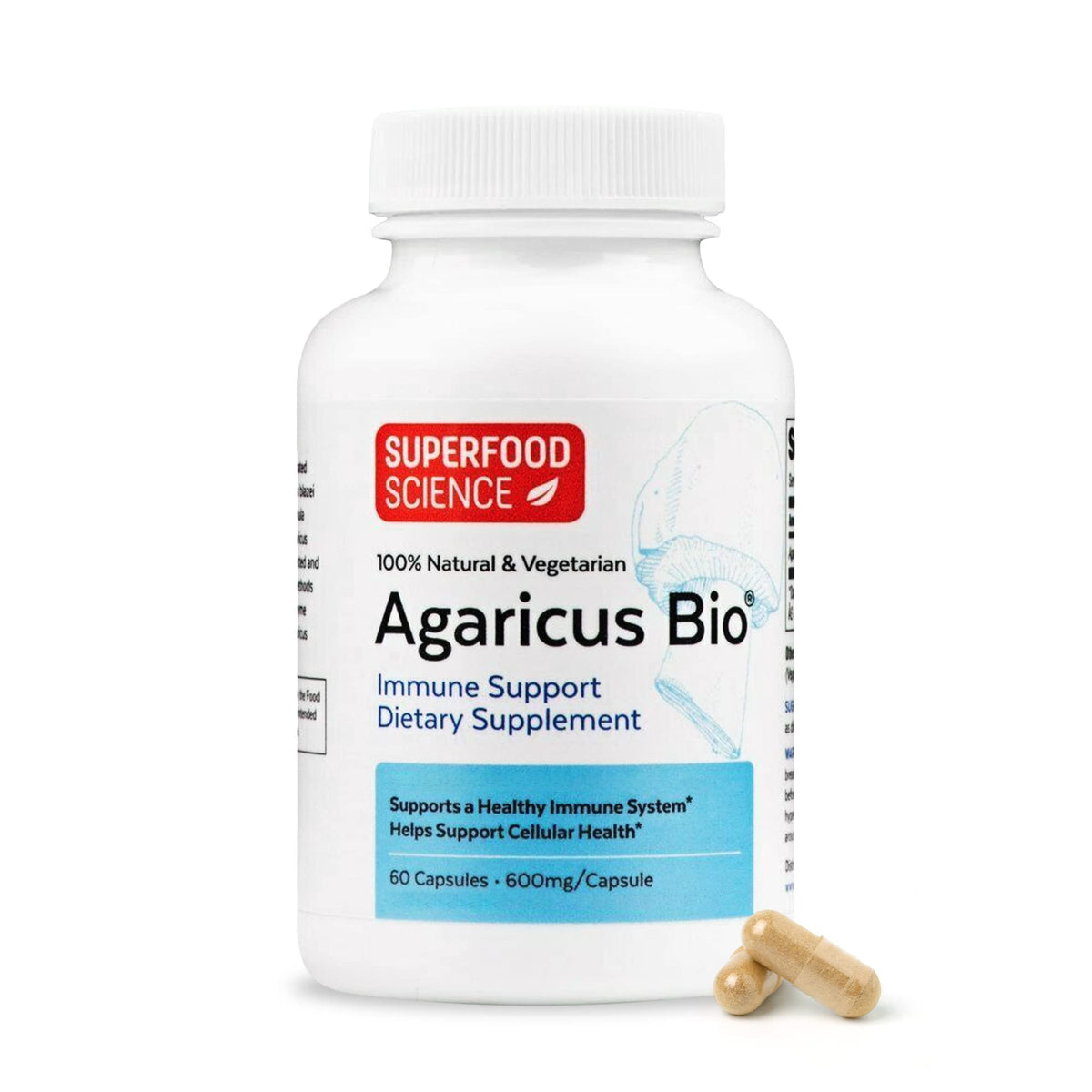 Agaricus Bio 600 mg: botella con cápsulas para apoyo inmunitario diario
