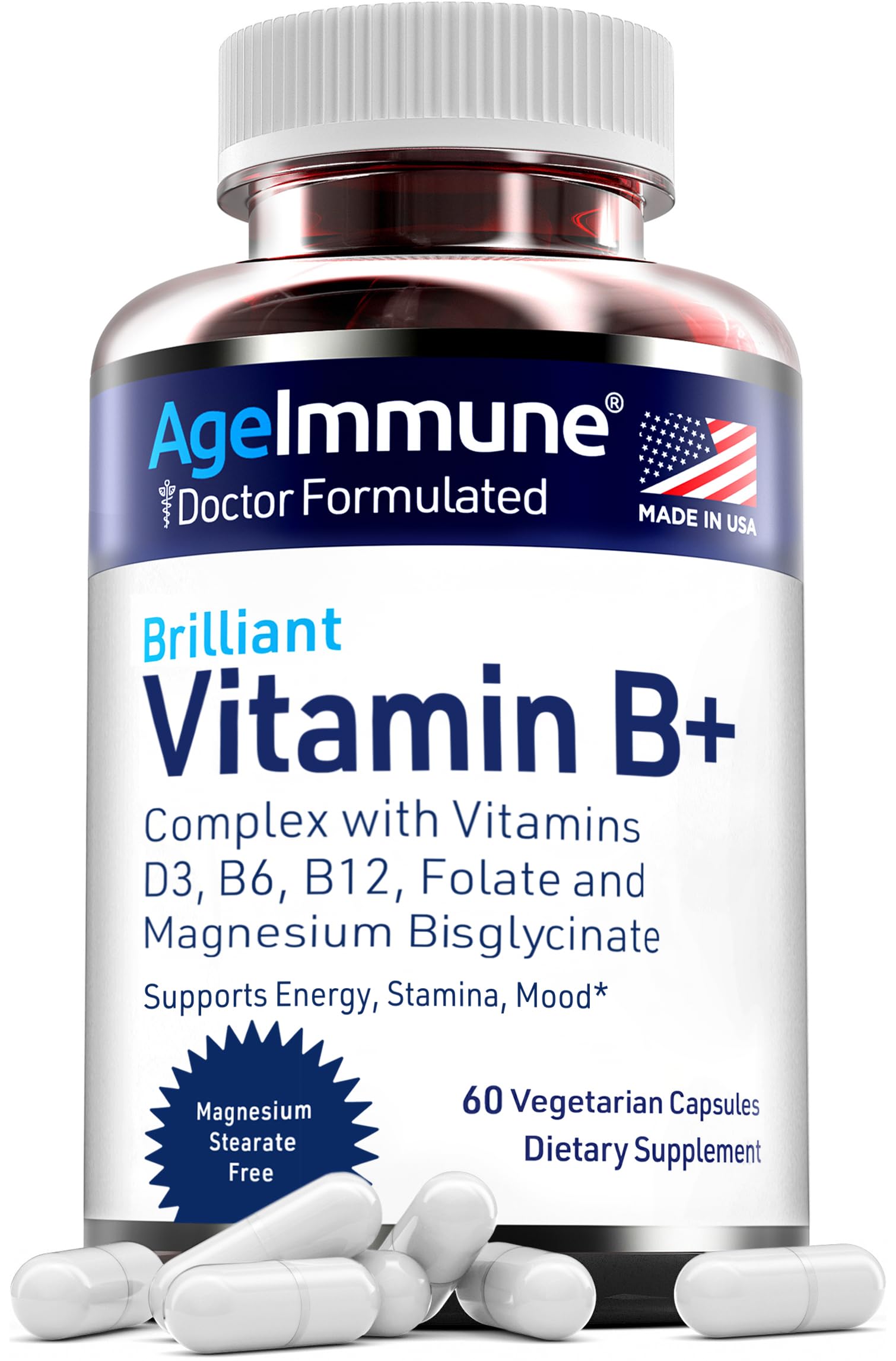 Cápsulas AgeImmune Complejo B para viaje, tamaño práctico.