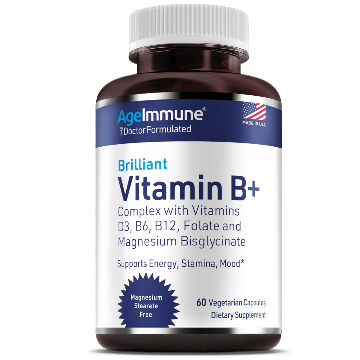 AgeImmune Complejo B cápsulas para energía diaria y apoyo nervioso.