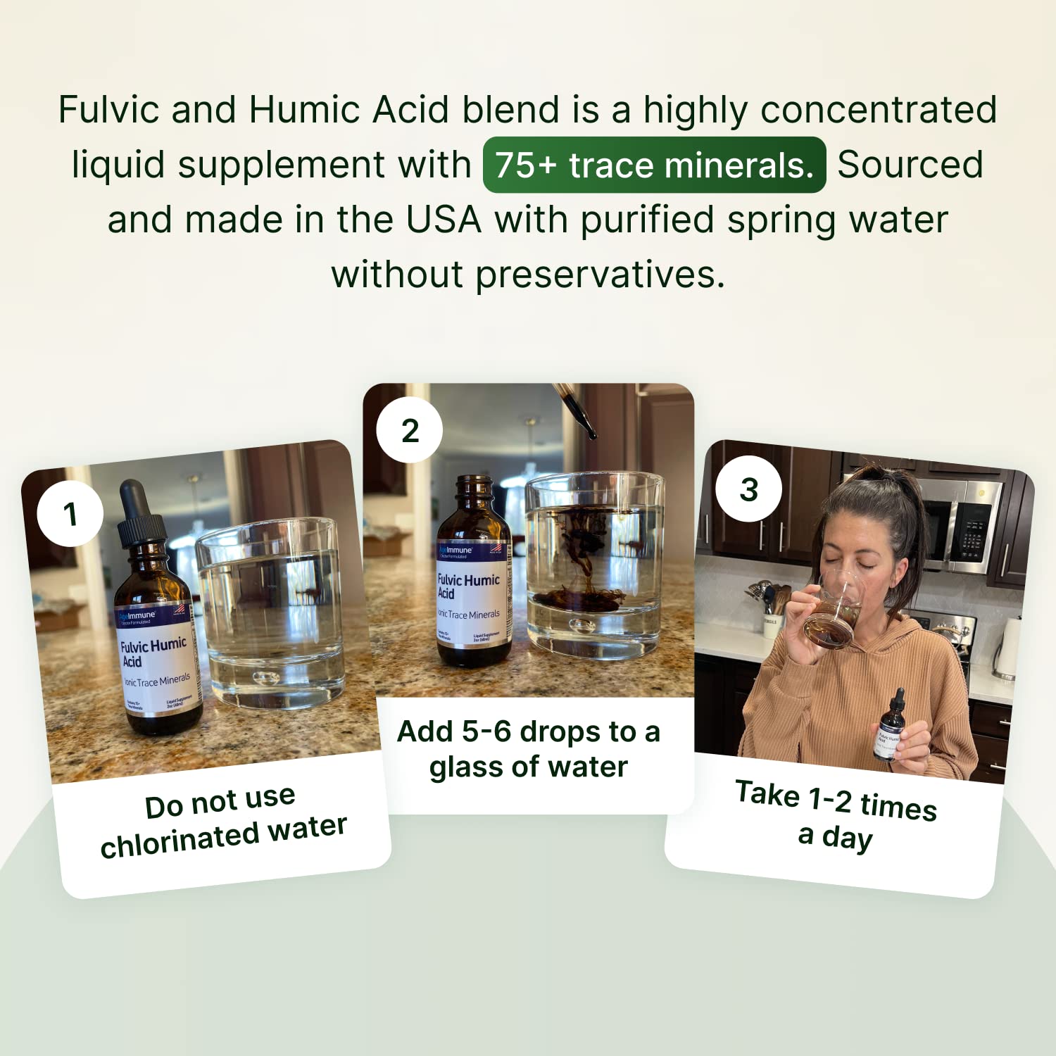 AgeImmune vertido en agua demuestra solución soluble sin sabor ni olor.