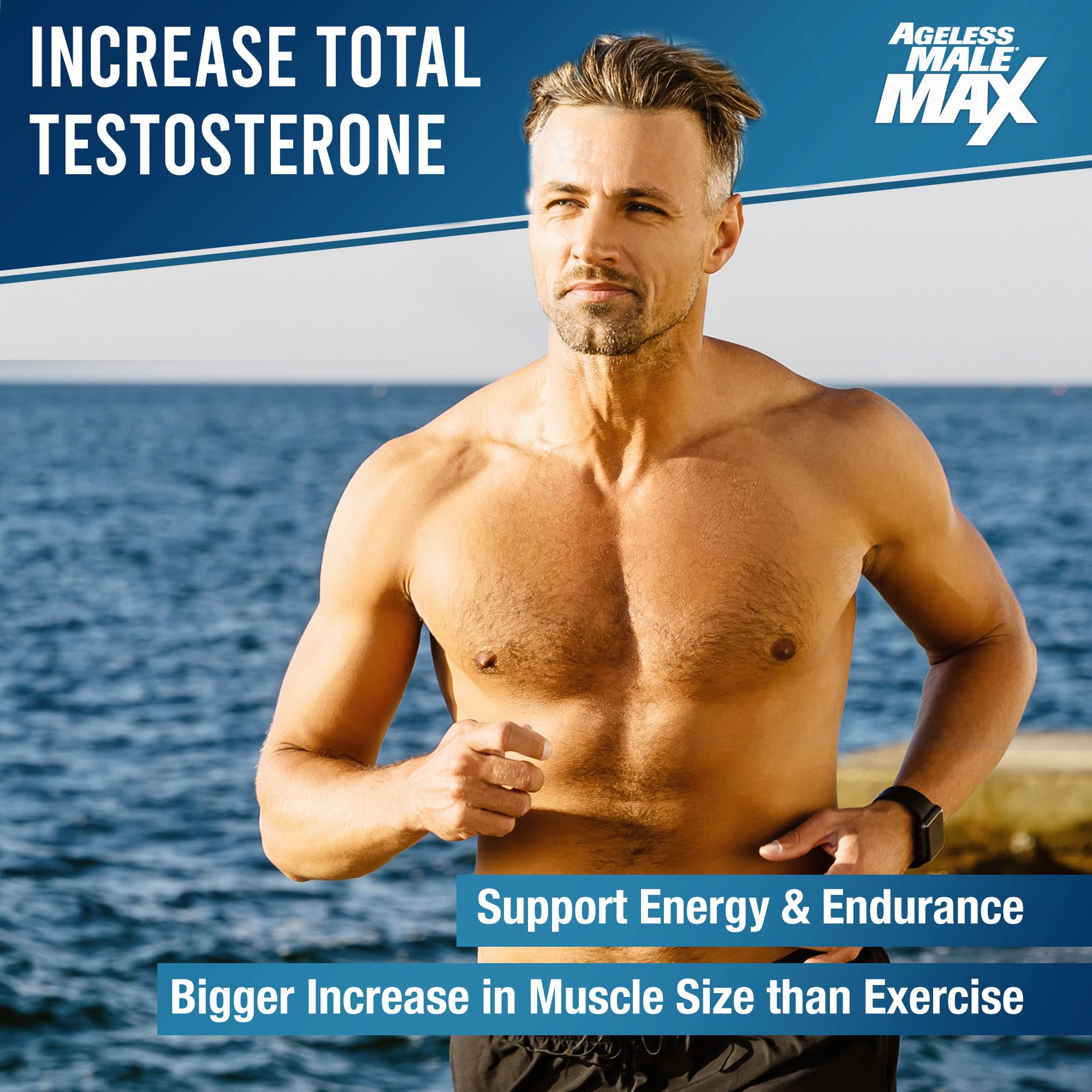 Ageless Male Max comprimidos detalle etiqueta, ingredientes clave para la suplementación diaria.