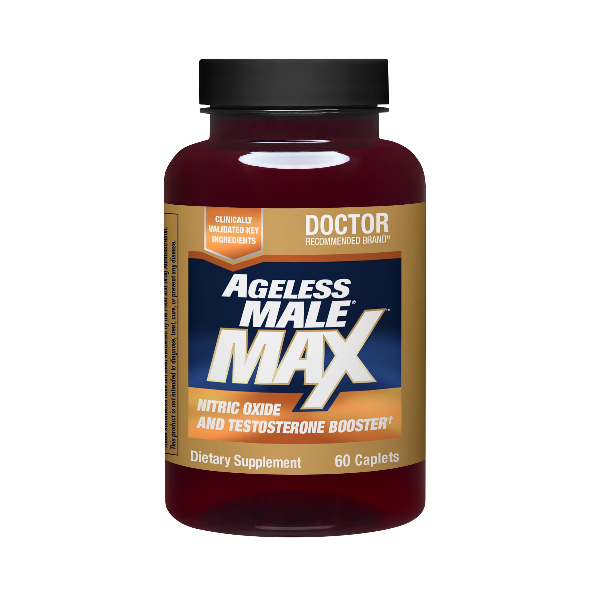 Frasco de Ageless Male Max con cápsulas para uso diario y vitalidad.