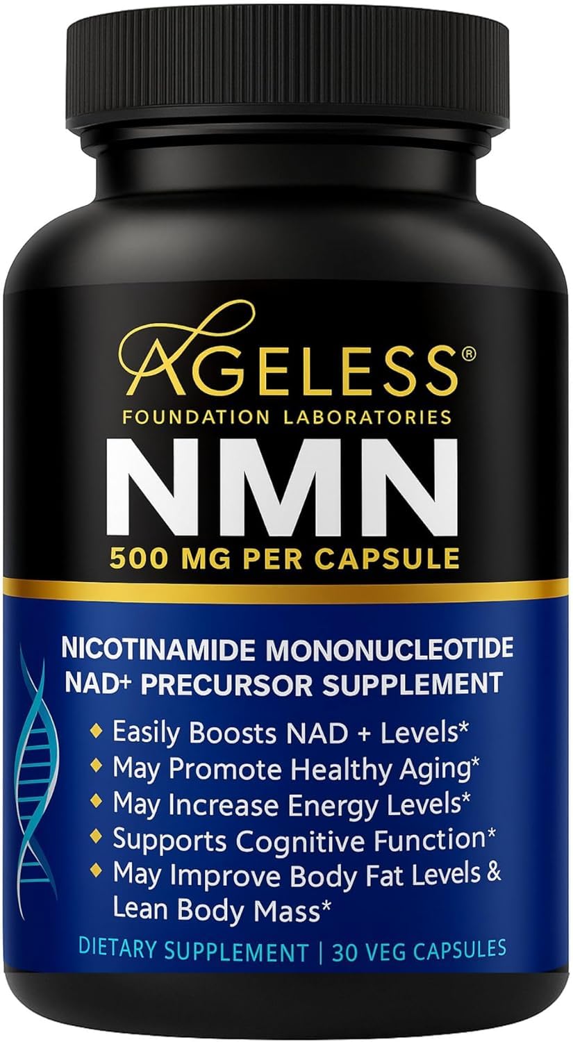 Ageless NMN 500 mg cápsulas en botella para uso diario y vitalidad sostenida.
