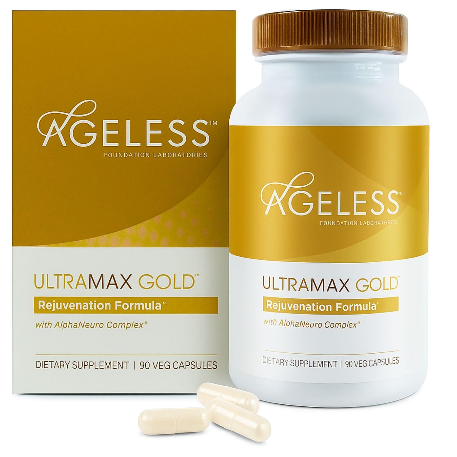 AGELESS UltraMAX Gold envase frontal de cápsulas para envejecimiento saludable
