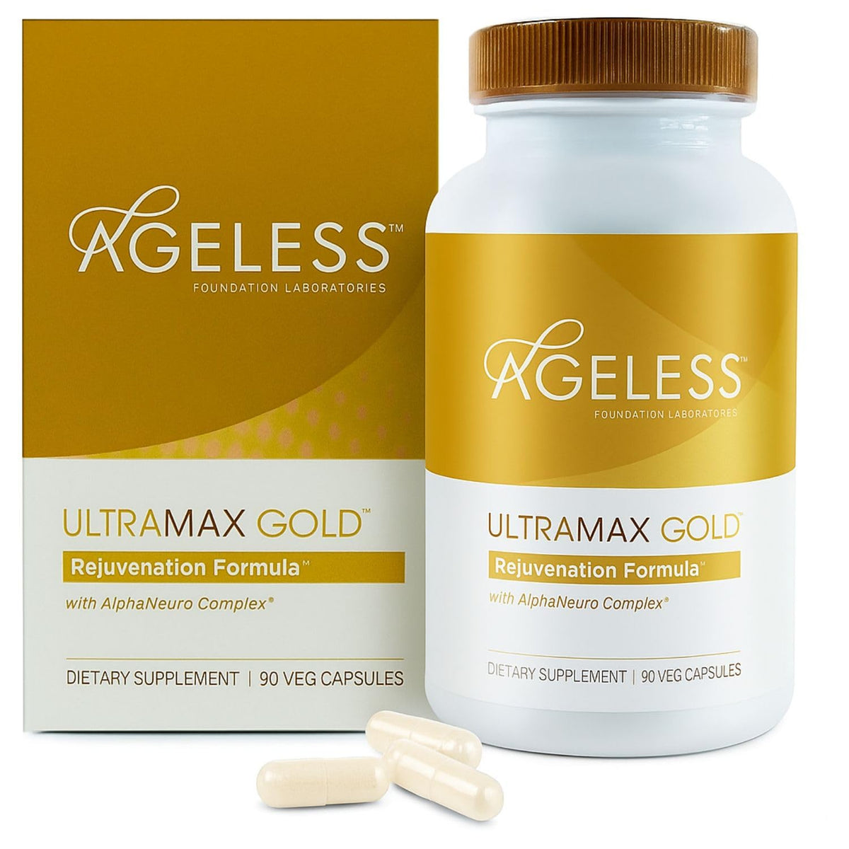 AGELESS UltraMAX Gold envase frontal de cápsulas para envejecimiento saludable