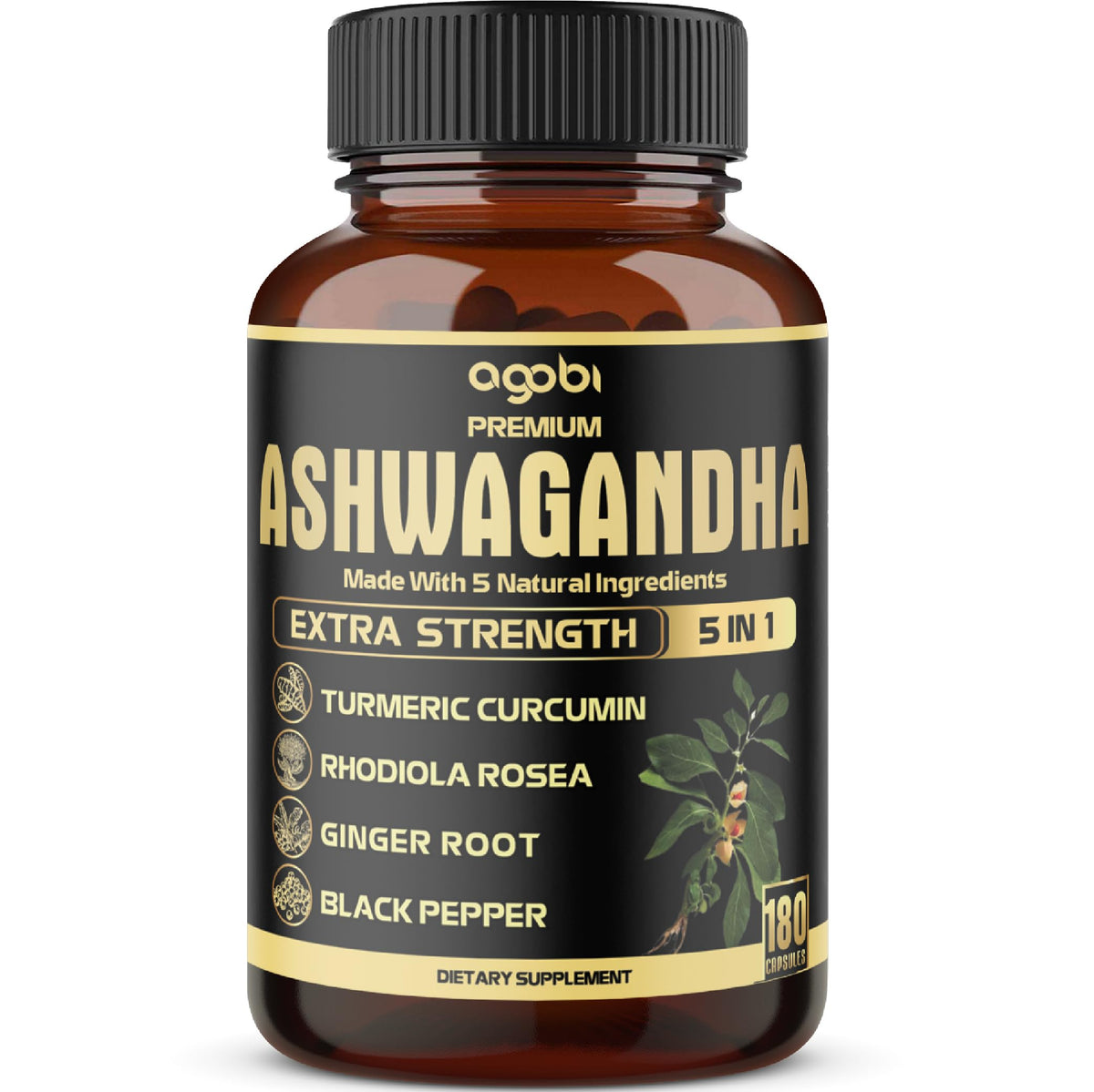 Agobi 5en1 Ashwagandha con cúrcuma y vínculo de bienestar diario en formato bote de 180 cápsulas.