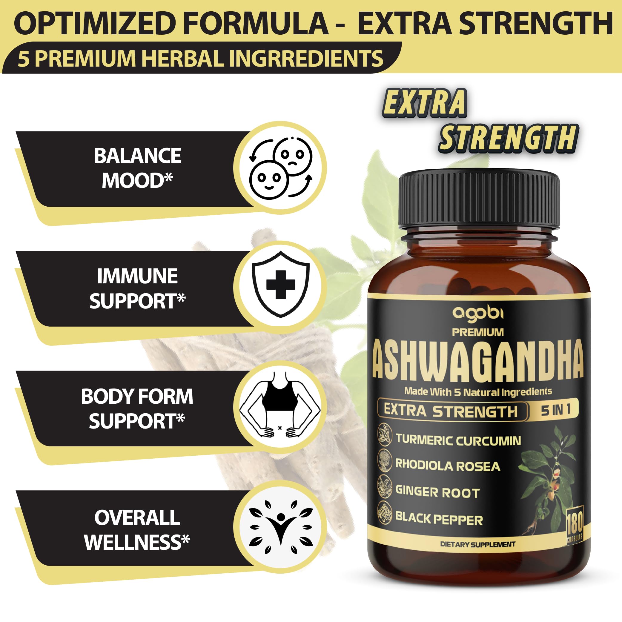 Rhodiola Rosea y Ashwagandha en Agobi, raíz para apoyo al ánimo en momentos ocupados.
