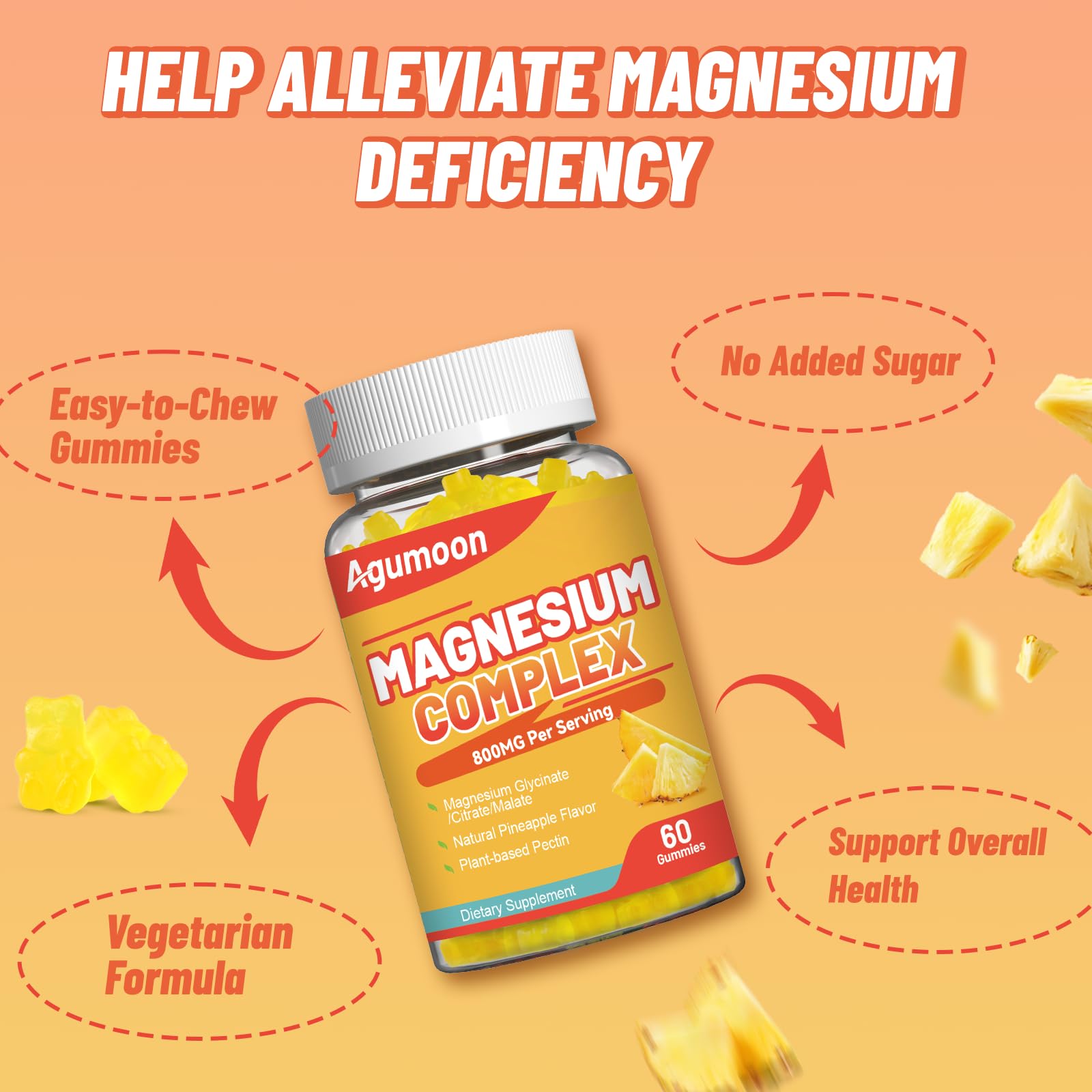 Agumoon Magnesio Complejo gomitas con vitaminas y zinc para apoyo diario de energía y defensa natural.