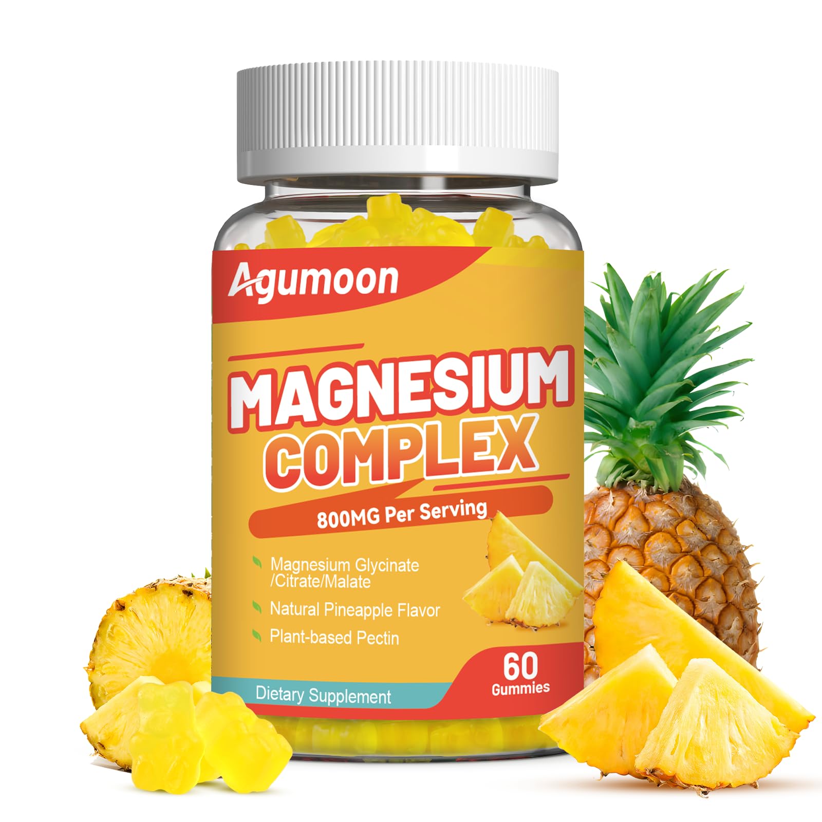 Agumoon Magnesio Complejo gomitas piña en bote, sabor tropical para uso diario cómodo.