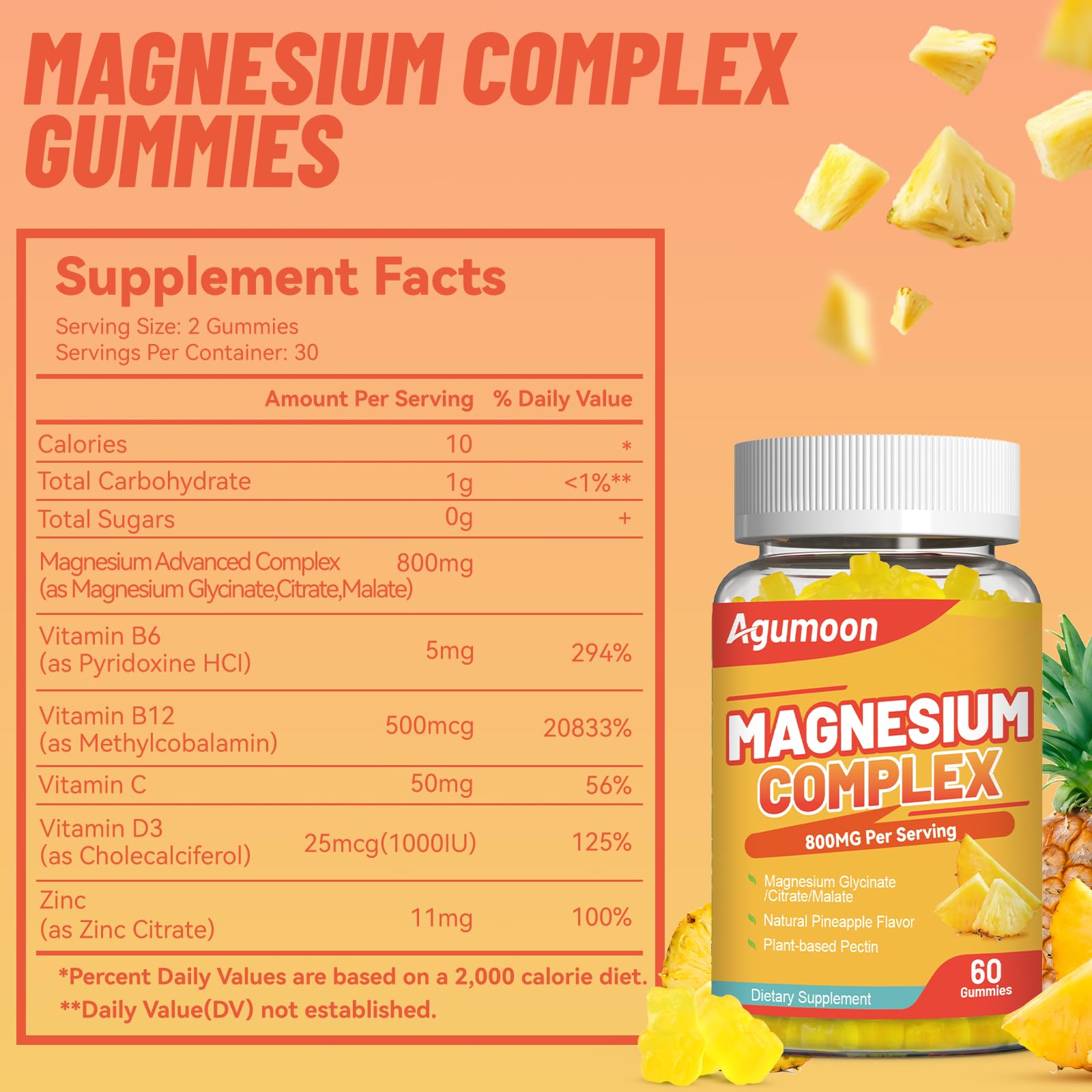 Agumoon Magnesio Complejo gomitas, textura suave de piña para consumo diario.