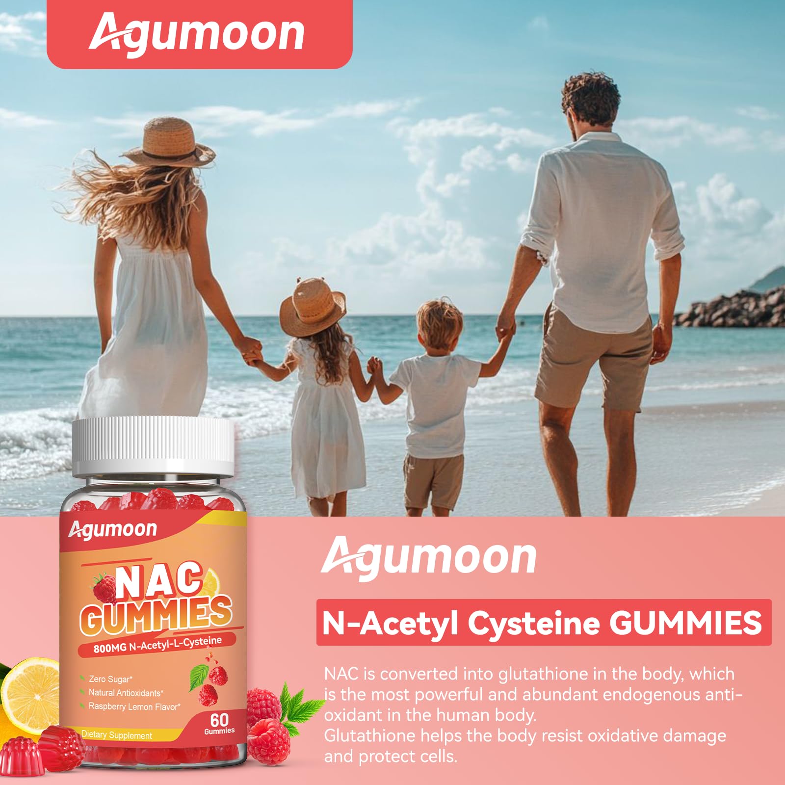 Agumoon NAC para adultos, gomitas suaves con sabor agradable para toma diaria.