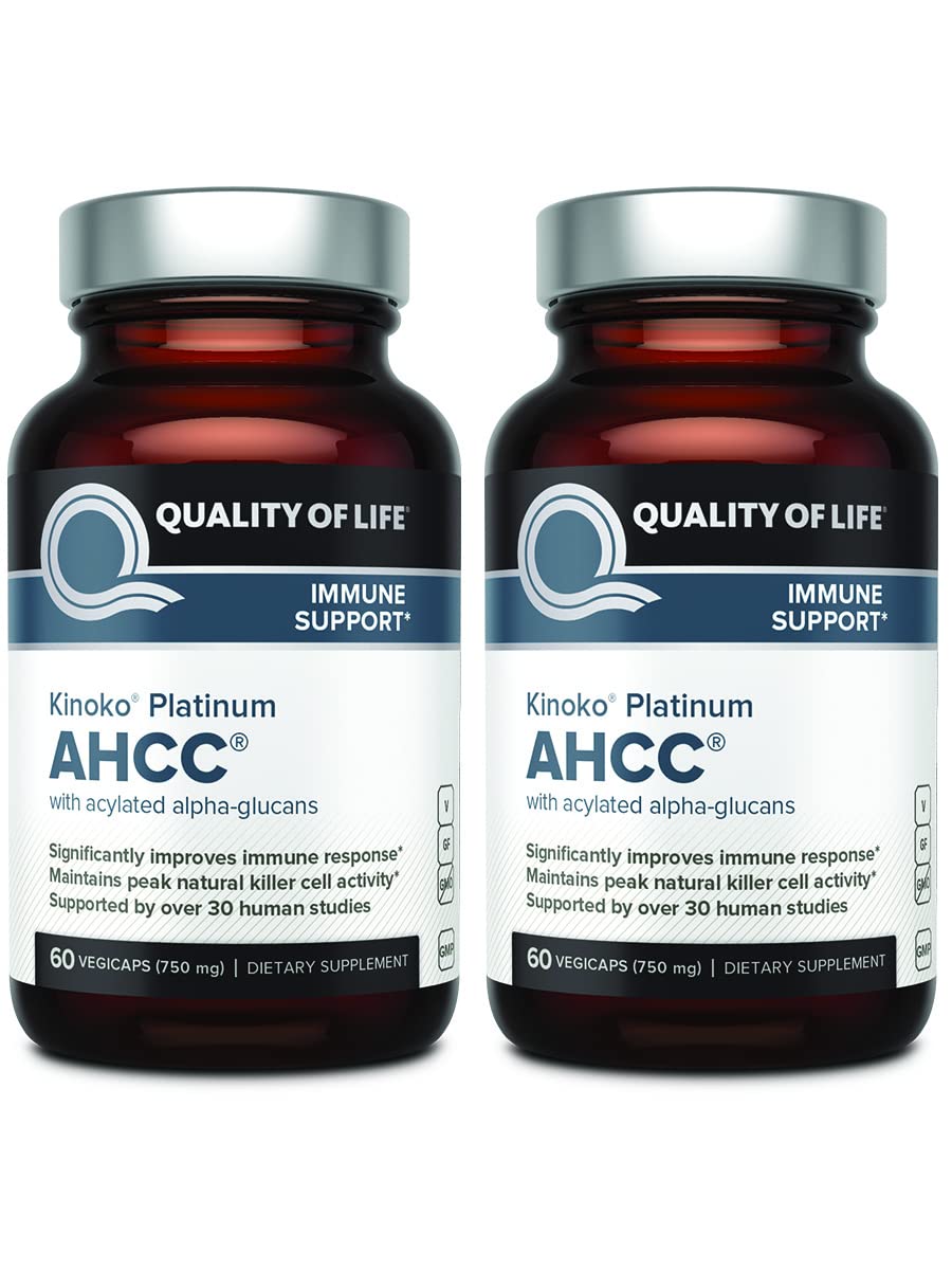 Quality of Life AHCC Kinoko Platinum, botella destacada para uso diario y beneficio potencial