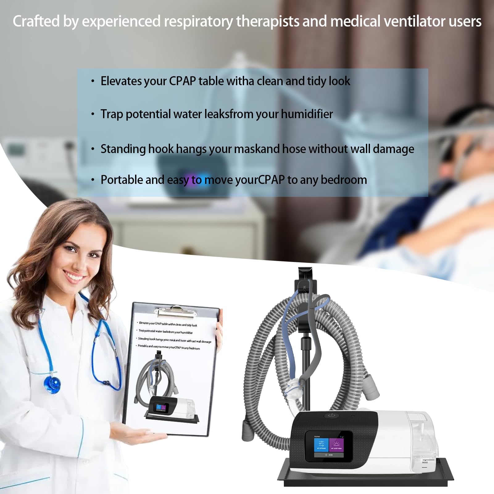 La base antideslizante mantiene estable la unidad CPAP en la mesa.