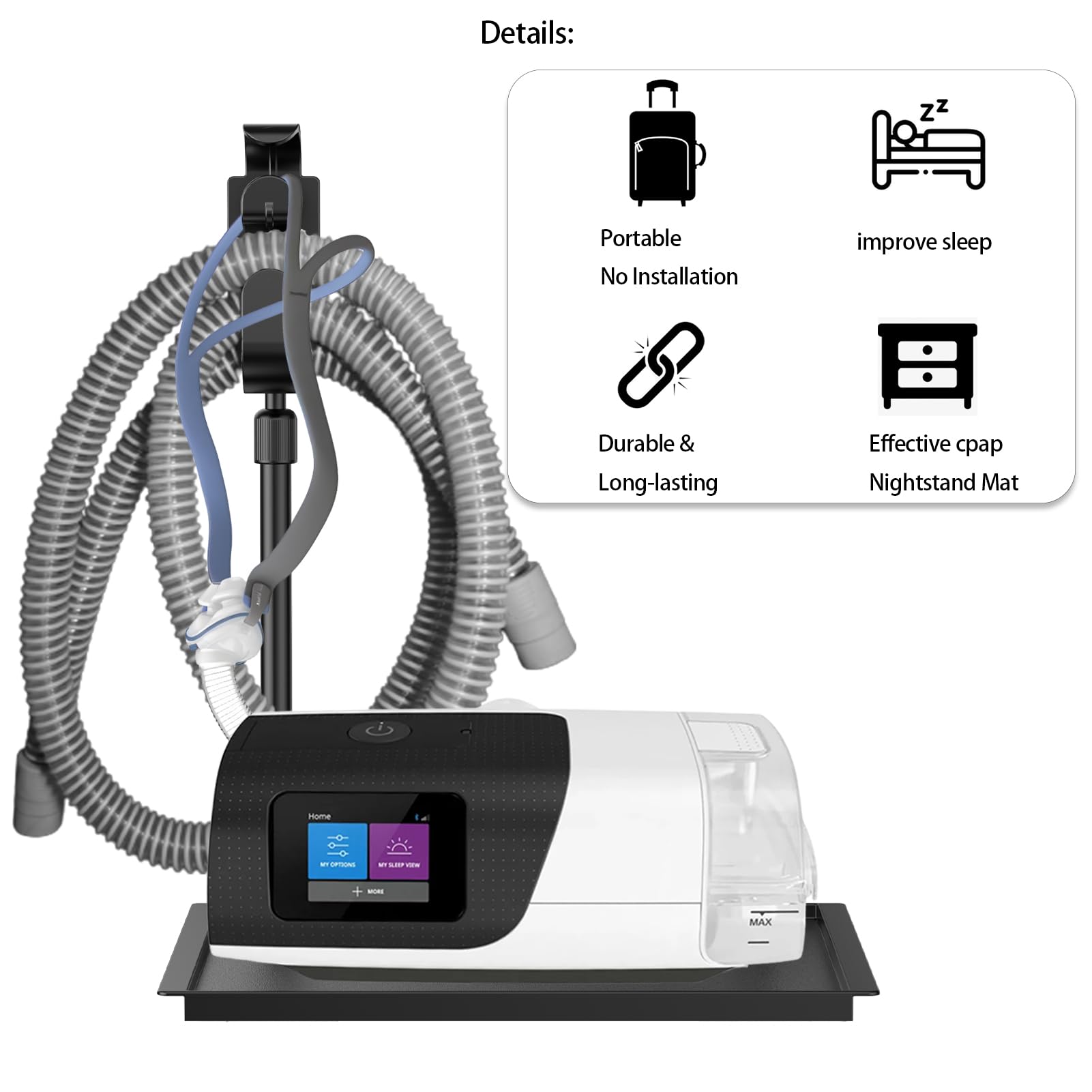 El gancho telescópico para manguera CPAP eleva la manguera para evitar tensión.