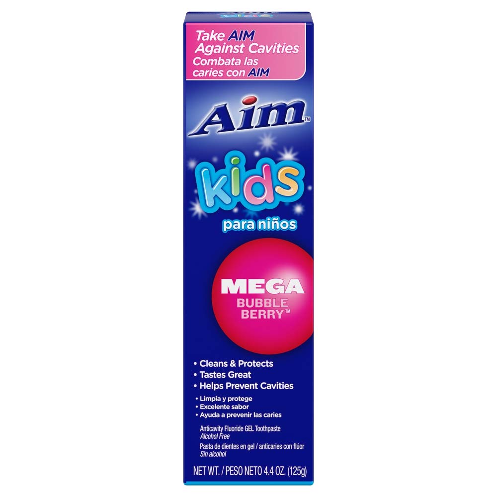 AIM Kids gel fluoruro Mega Bubble Berry, vista frontal de los dos tubos, ideal para la rutina diaria.