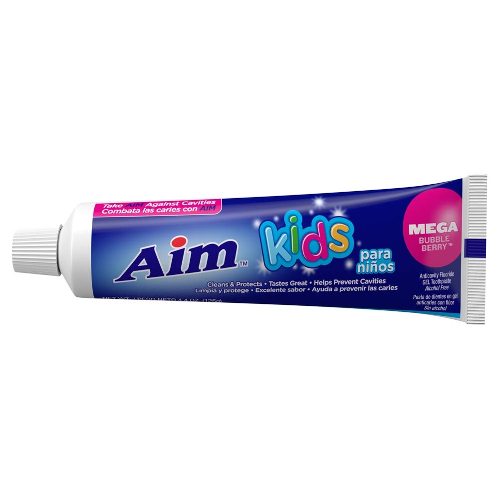 AIM Kids gel fluoruro Mega Bubble Berry, tubo visto lateral, perfecto para usar en casa.