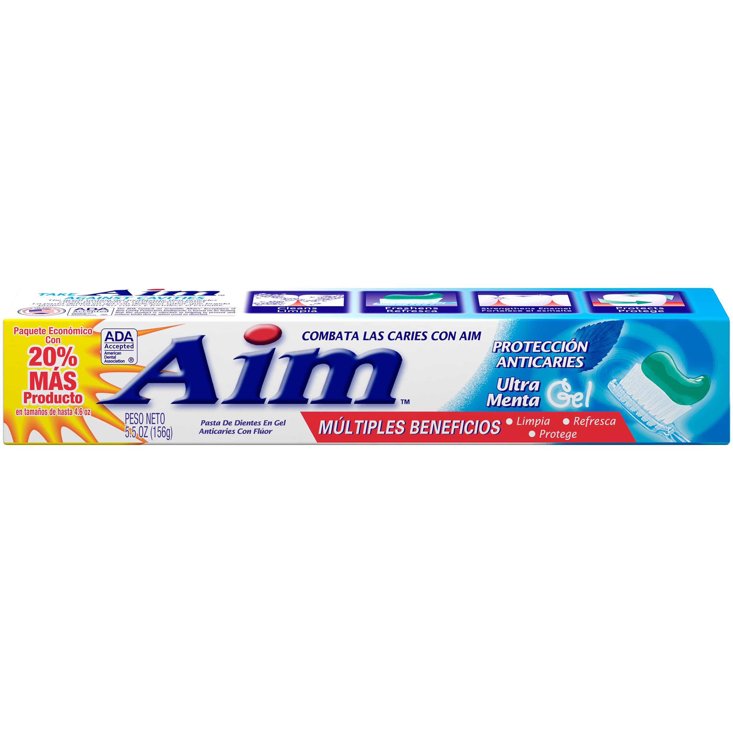 Aim pasta dientes, textura gel suave, sensación de menta durante cepillado.