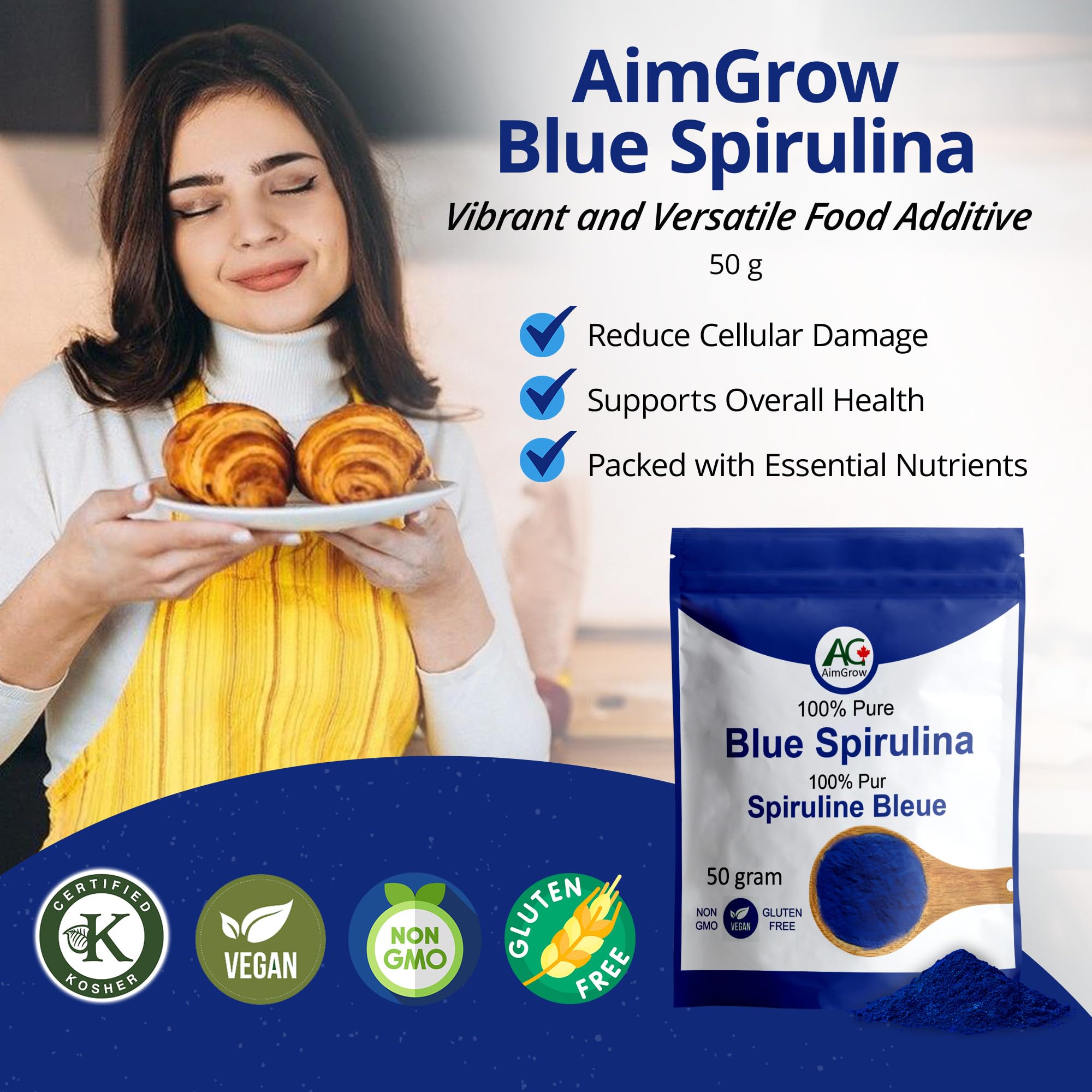Aimgrow Spirulina Azul batido, tono azul intenso y antioxidantes naturales.