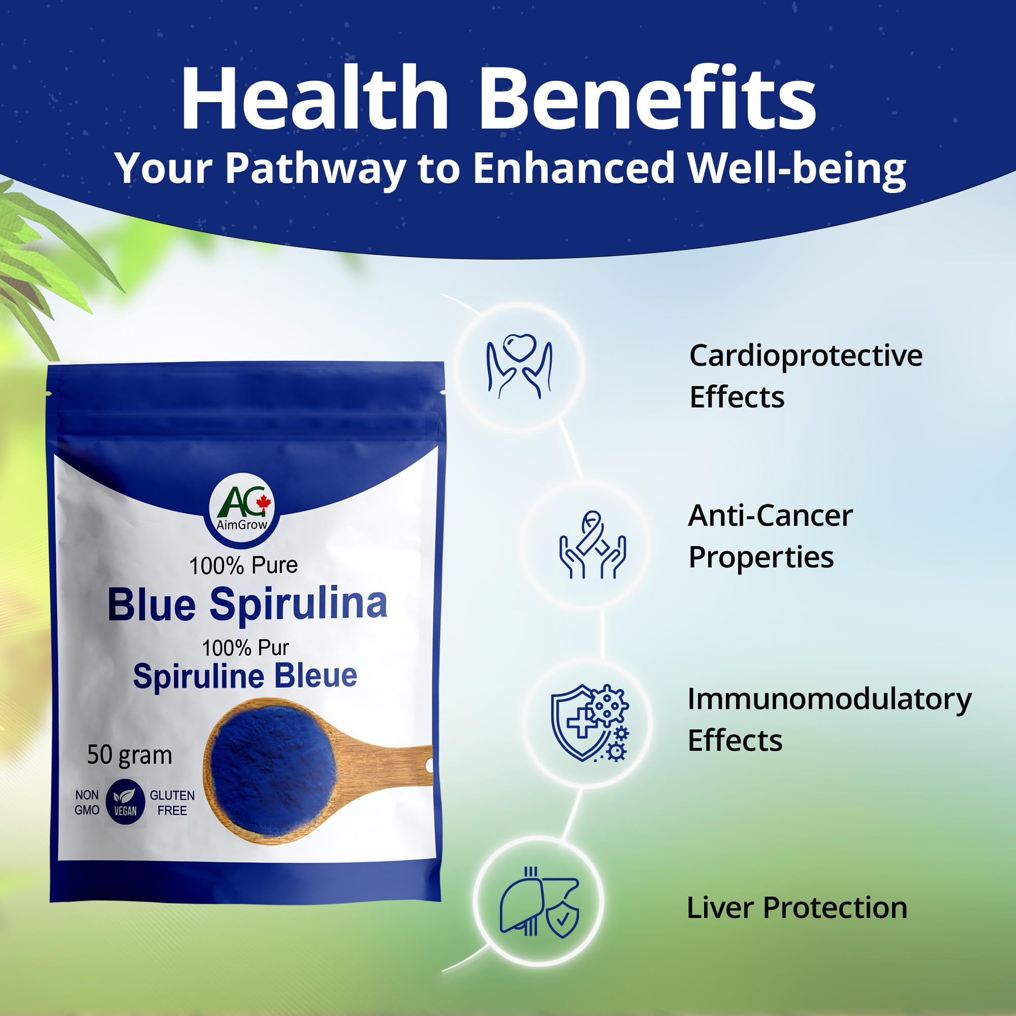 Aimgrow Spirulina Azul cafe con leche, tono azul en la bebida.