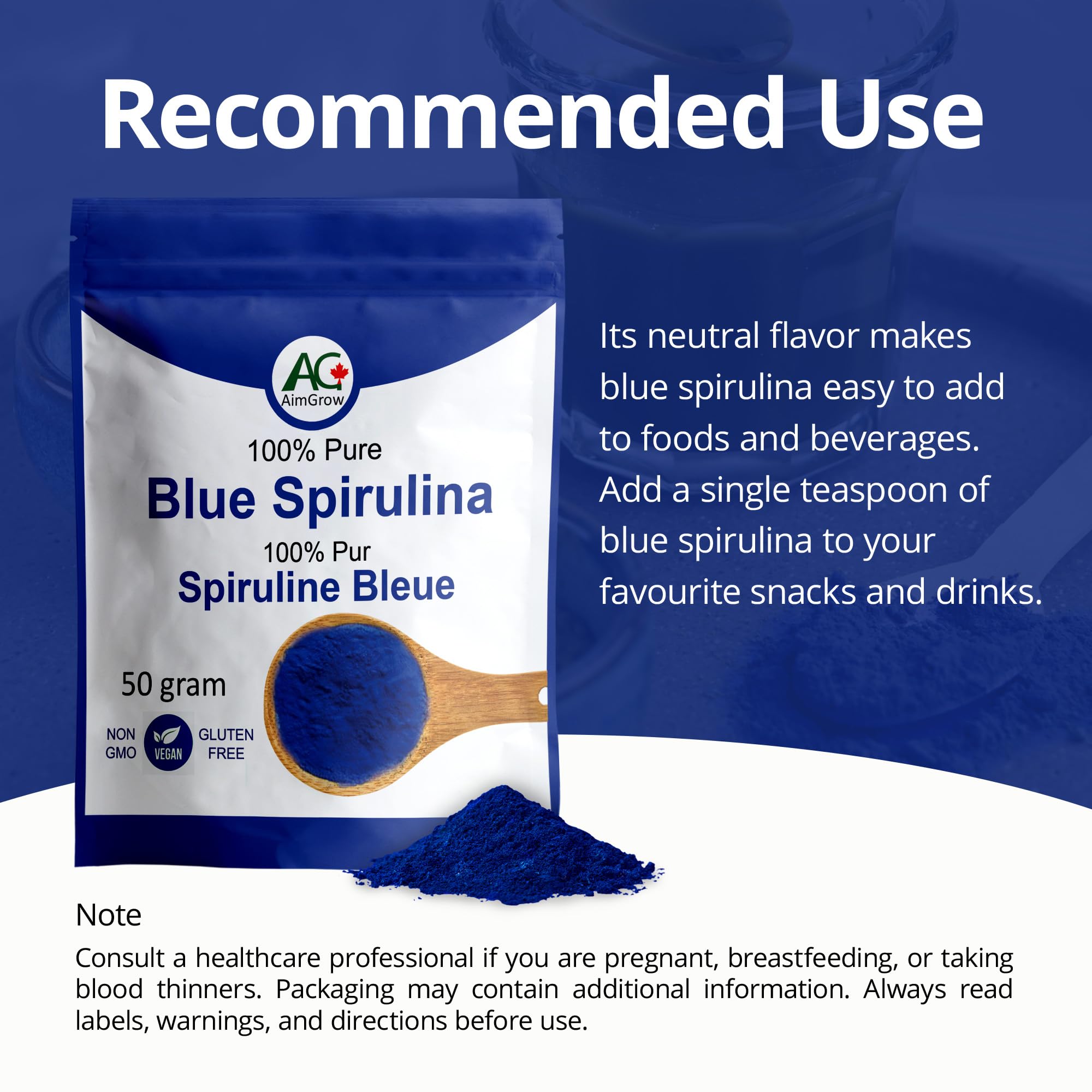 Aimgrow Spirulina Azul envase, práctico y fácil de usar en cocina diaria.