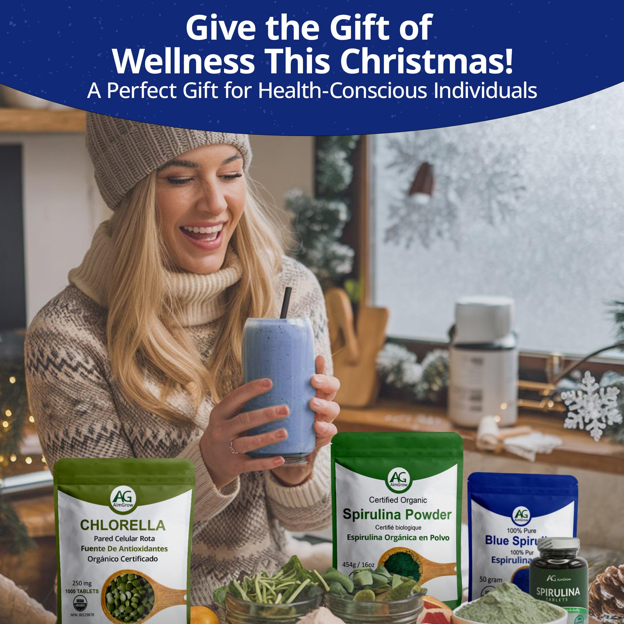 Aimgrow Spirulina Azul yogur, color azul y textura suave.