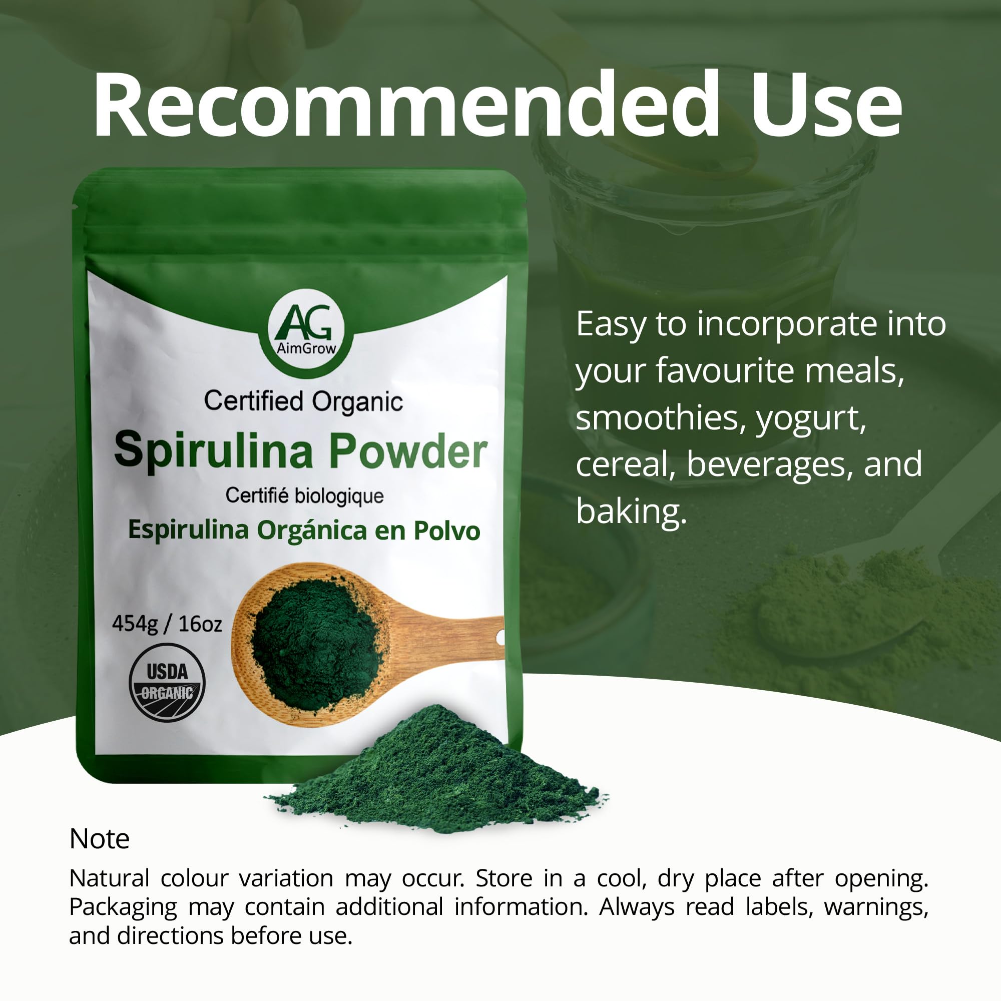 Aimgrow Spirulina Orgánica, ayuda a la digestión y bienestar general.