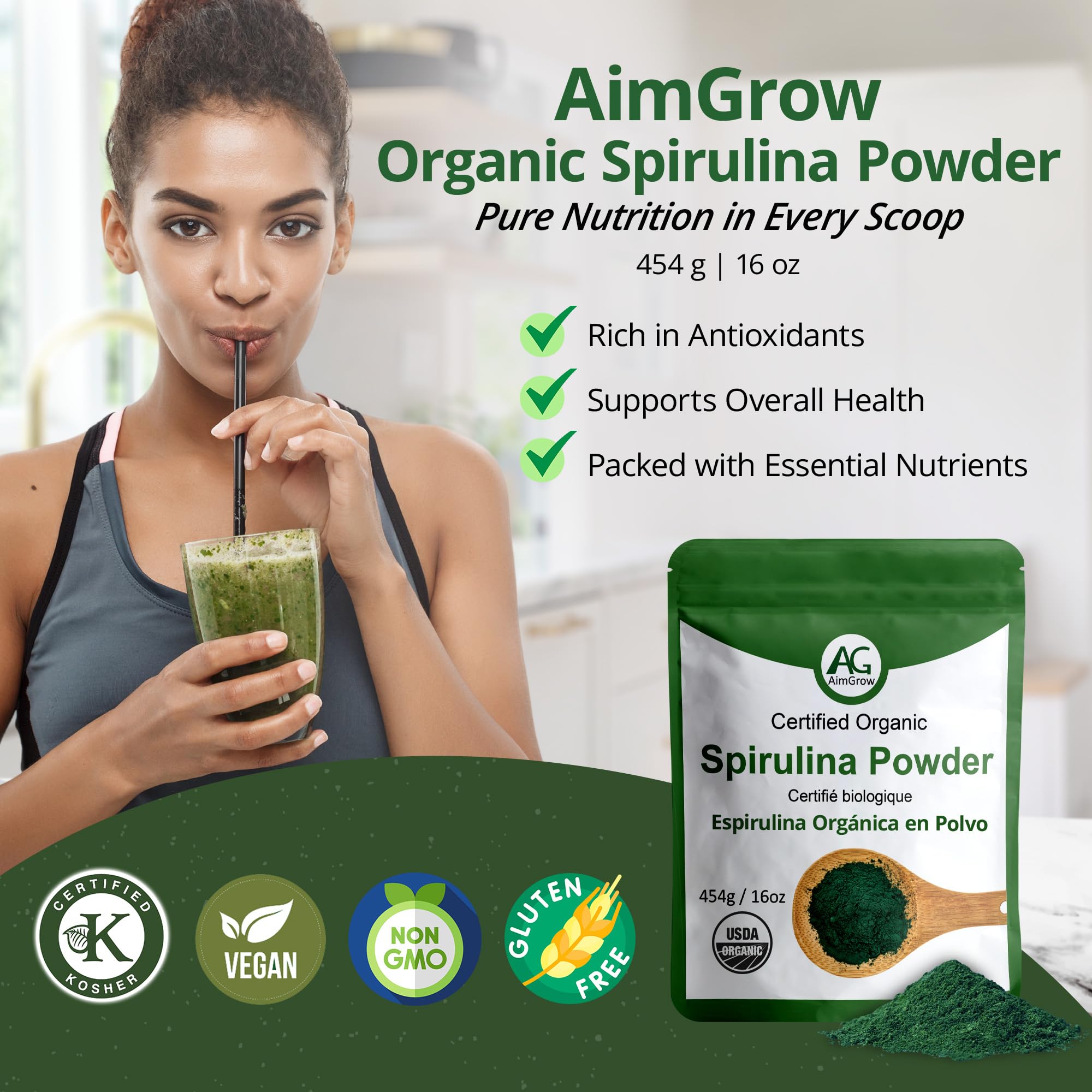 Aimgrow Spirulina Orgánica, bebida nutritiva para energía diaria.