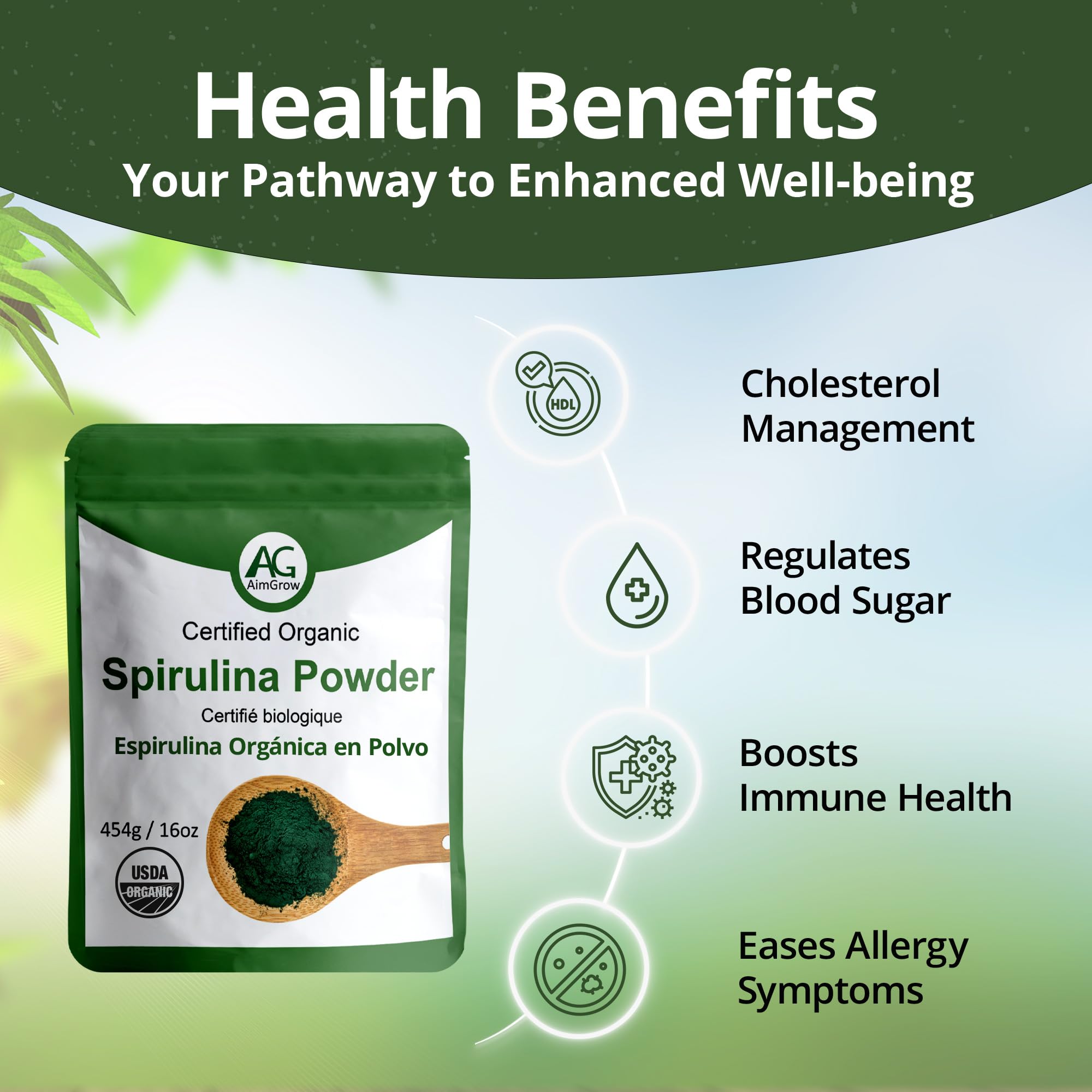 Aimgrow Spirulina Orgánica, valor nutritivo para salud ocular y piel.